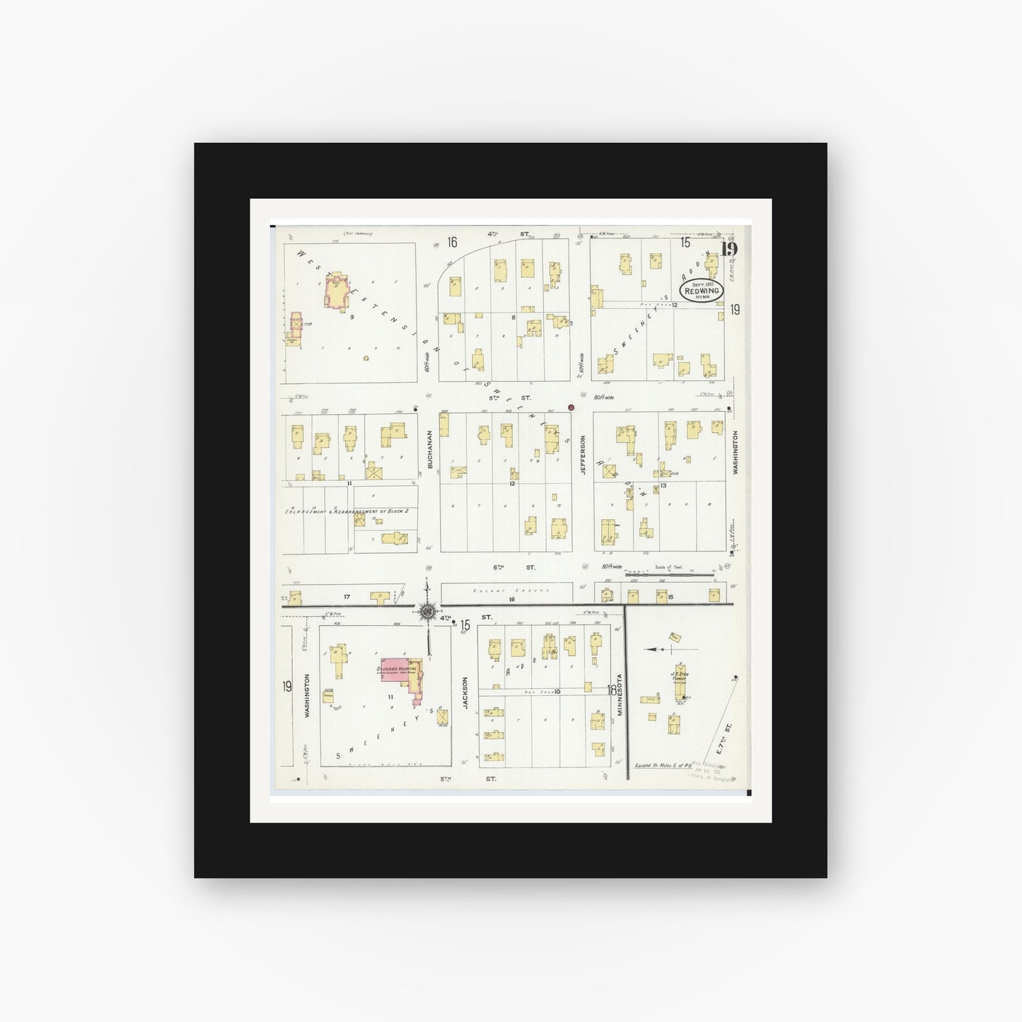 Old map wall art mockup — black gallery frame with white mat — Sanborn Fire Insurance Map from Red Wing, Goodhue County, Minnesota (1910), Sheet #0019