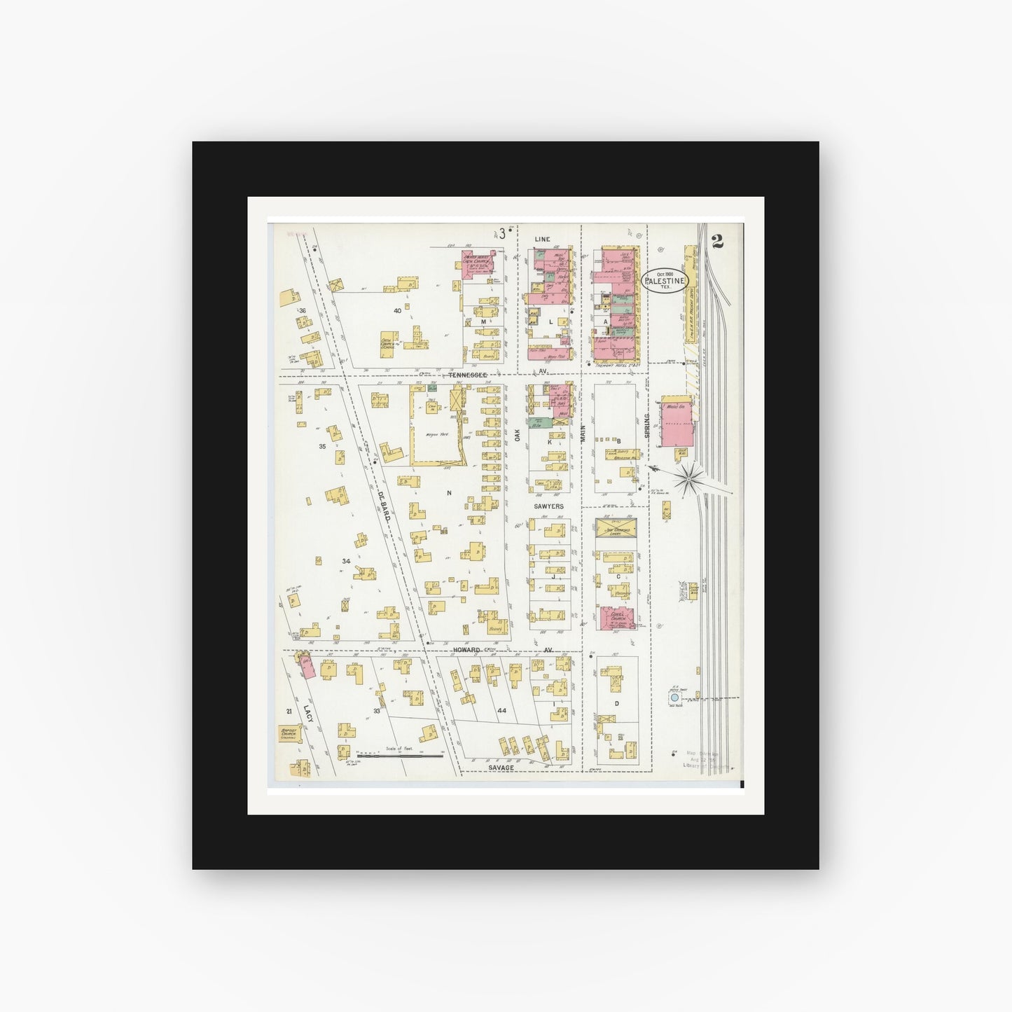 Old map wall art mockup — black gallery frame with white mat — Sanborn Fire Insurance Map from Palestine, Anderson County, Texas (1900), Sheet #0002