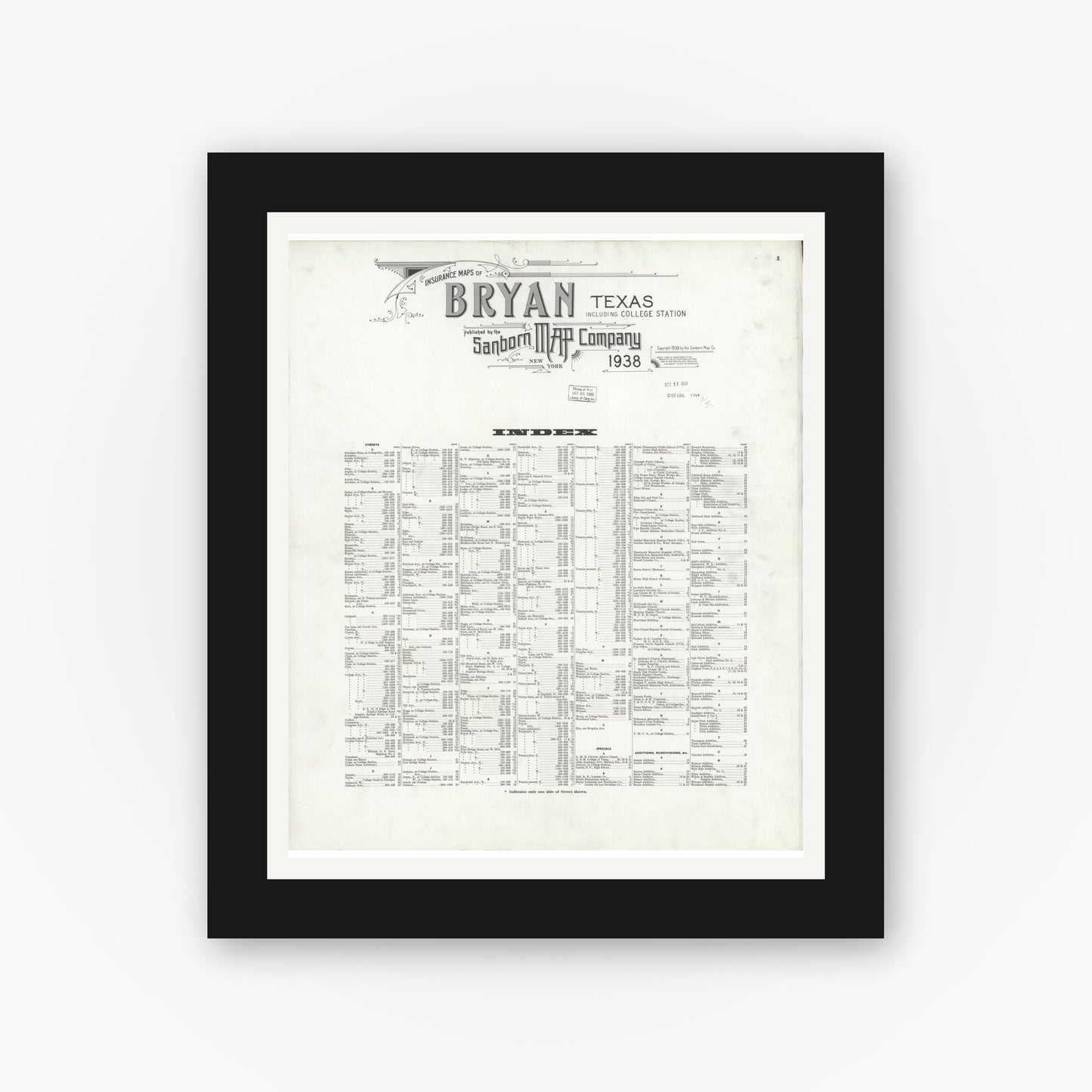 Old map wall art mockup — black gallery frame with white mat — Sanborn Fire Insurance Map from Bryan, Brazos County, Texas (1938), Sheet #0001