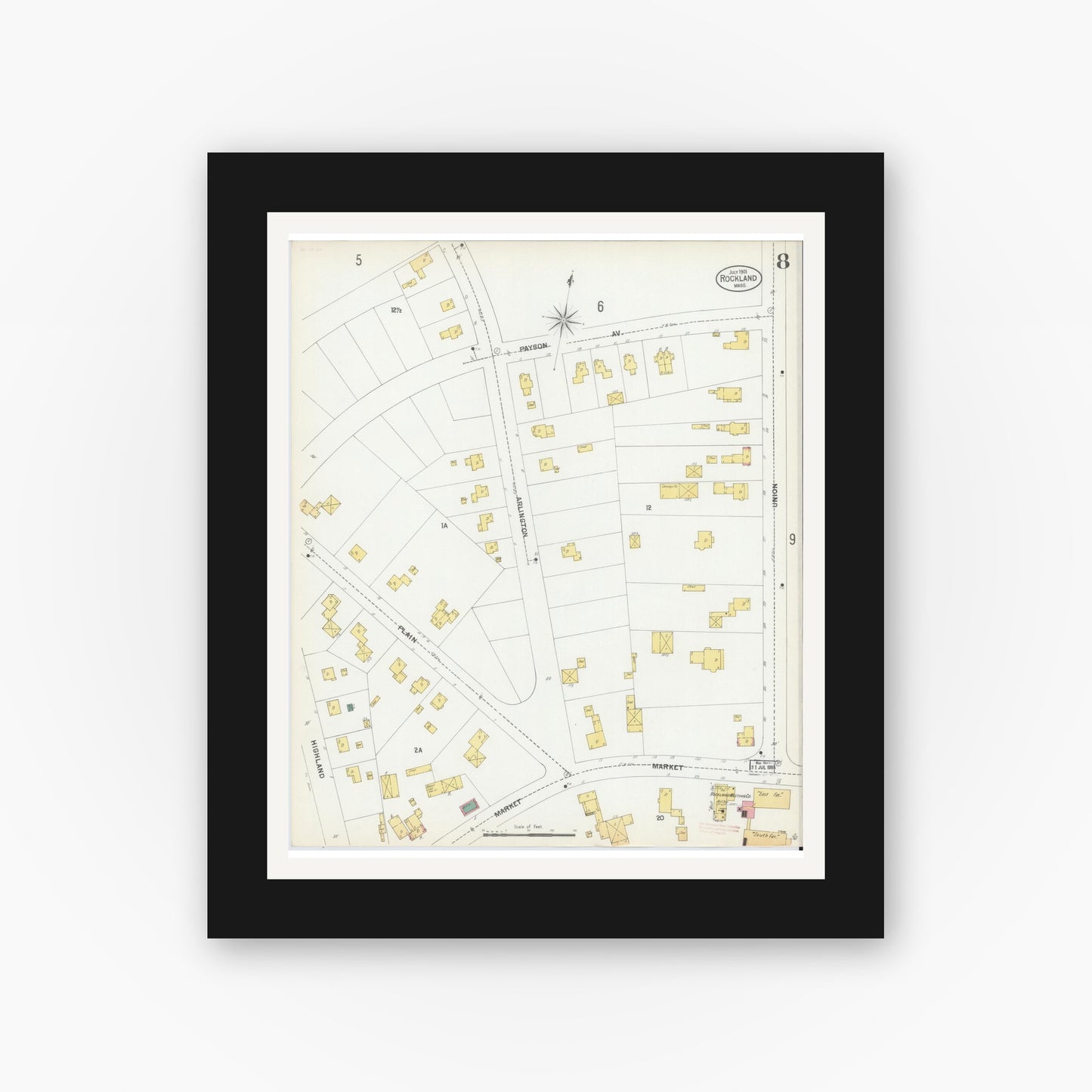 Old map wall art mockup — black gallery frame with white mat — Sanborn Fire Insurance Map from Rockland, Plymouth County, Massachusetts (1901), Sheet #0008