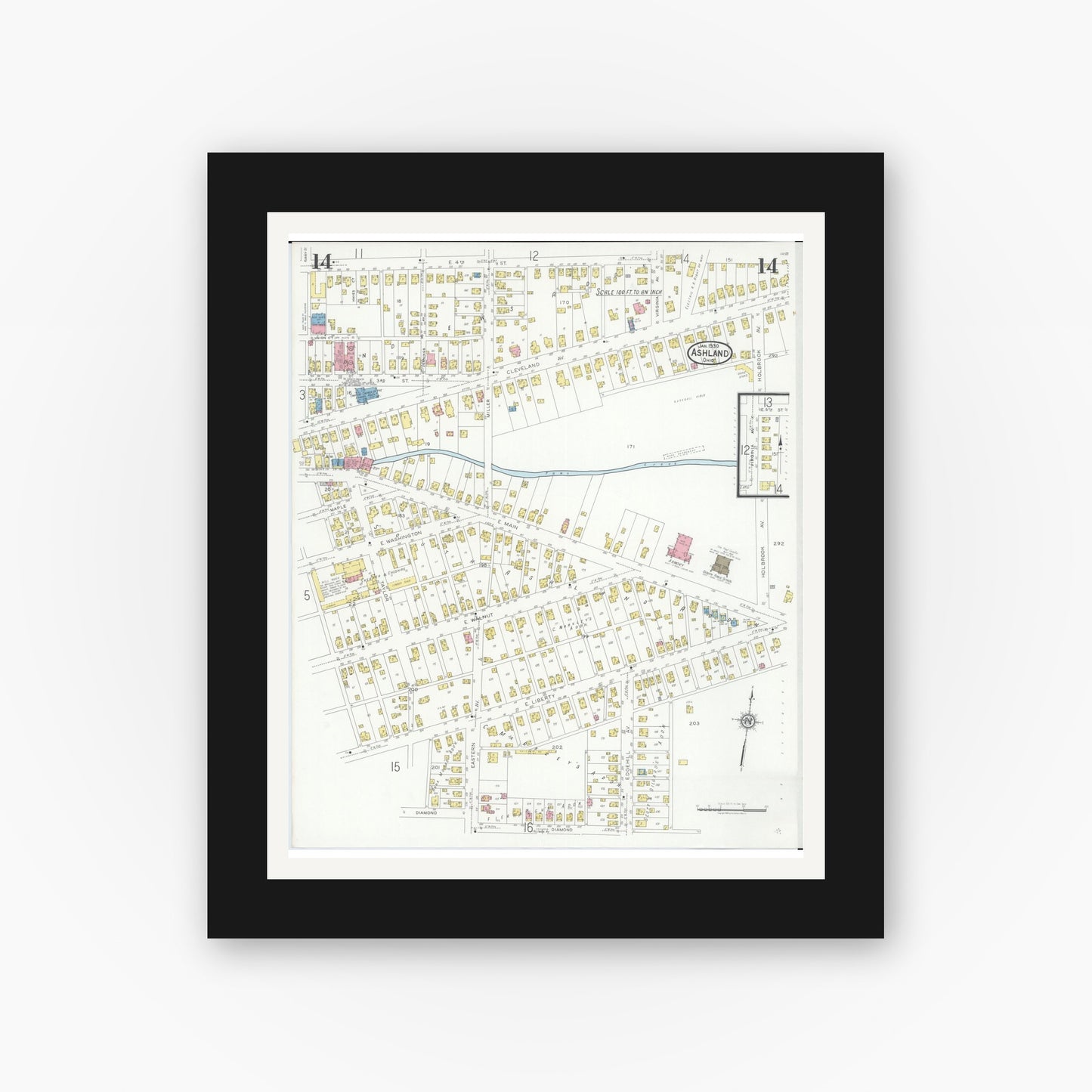 Old map wall art mockup — black gallery frame with white mat — Sanborn Fire Insurance Map from Ashland, Ashland County, Ohio (1930), Sheet #0014