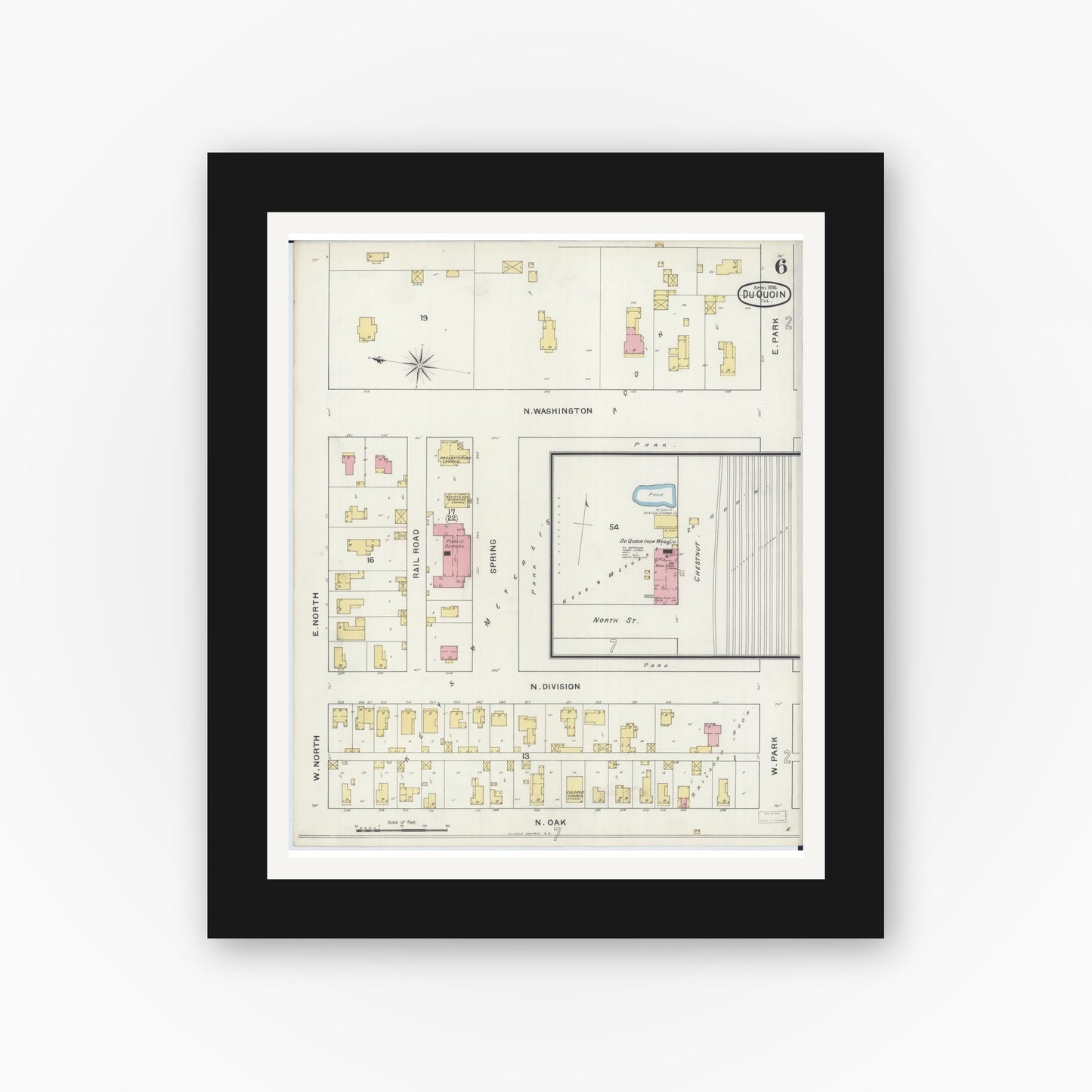 Old map wall art mockup — black gallery frame with white mat — Sanborn Fire Insurance Map from Du Quoin, Perry County, Illinois (1894), Sheet #0006