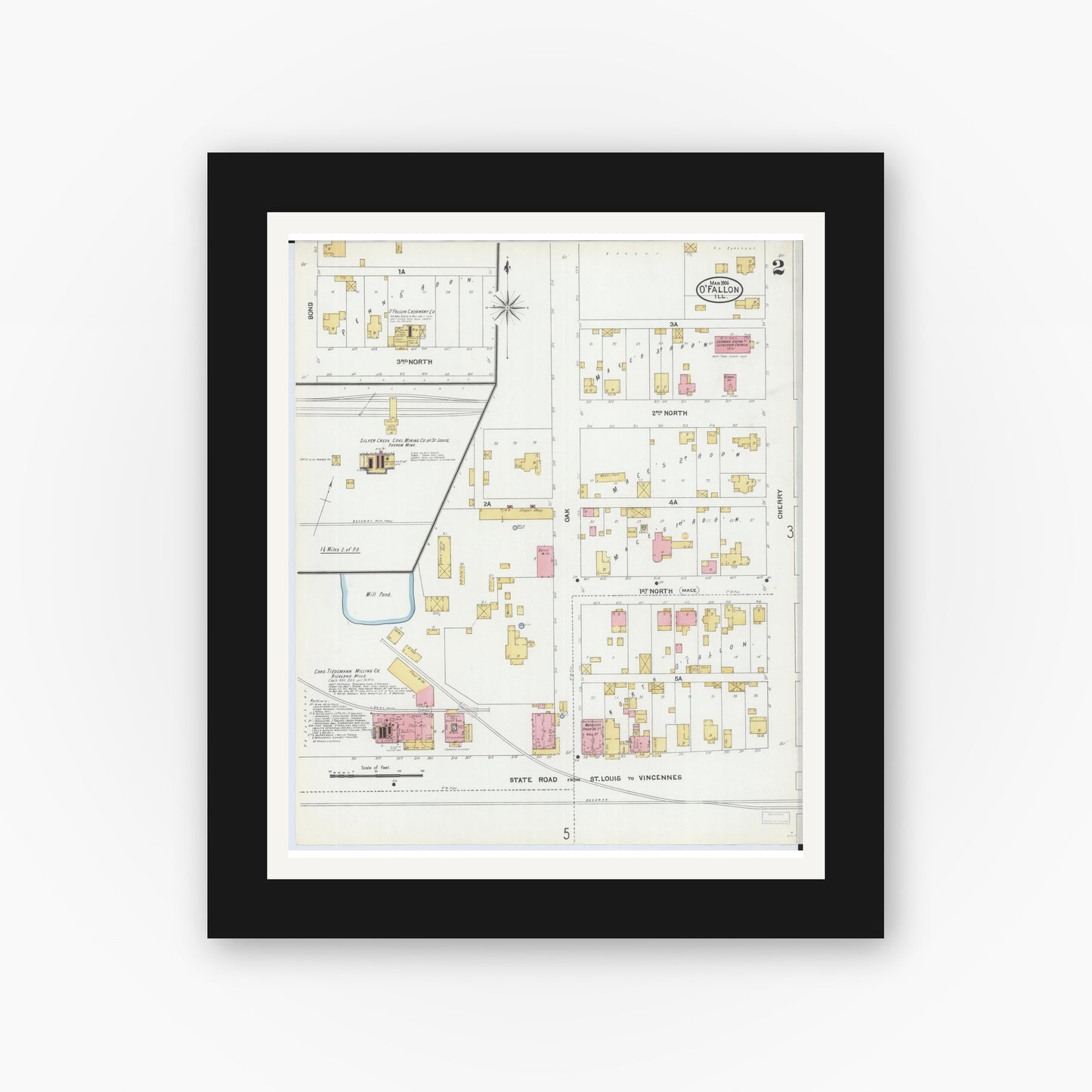 Old map wall art mockup — black gallery frame with white mat — Sanborn Fire Insurance Map from O'Fallon, Saint Clair County, Illinois (1906), Sheet #0002