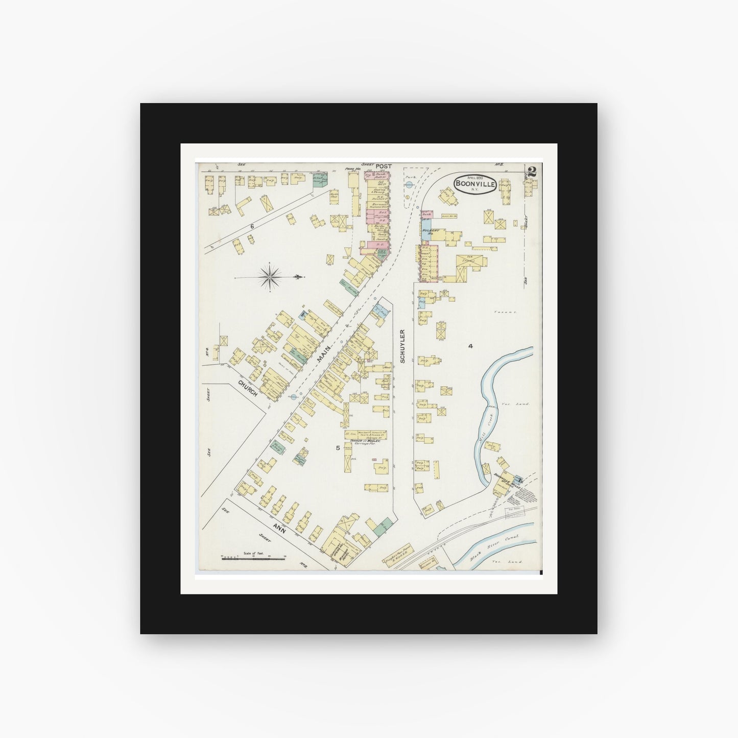 Old map wall art mockup — black gallery frame with white mat — Sanborn Fire Insurance Map from Boonville, Oneida County, New York (1890), Sheet #0002