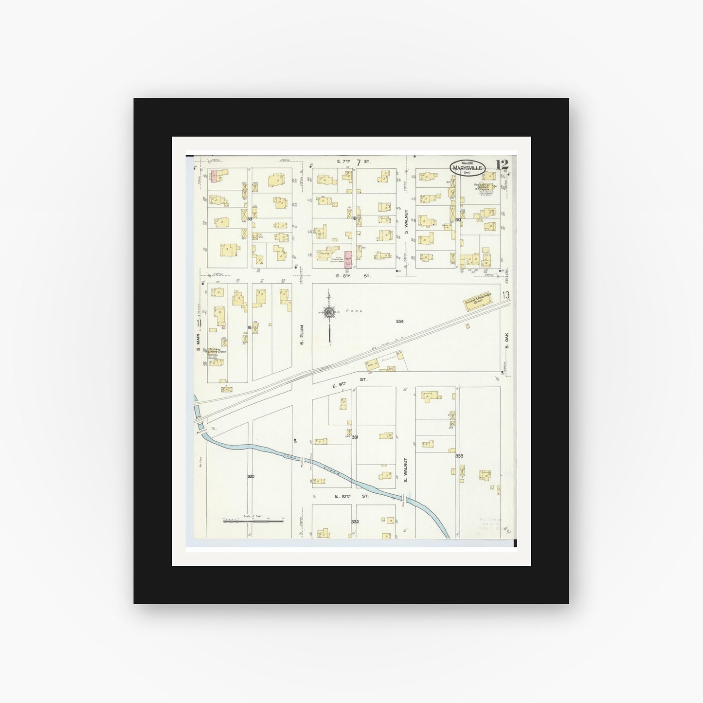 Old map wall art mockup — black gallery frame with white mat — Sanborn Fire Insurance Map from Marysville, Union County, Ohio (1910), Sheet #0012