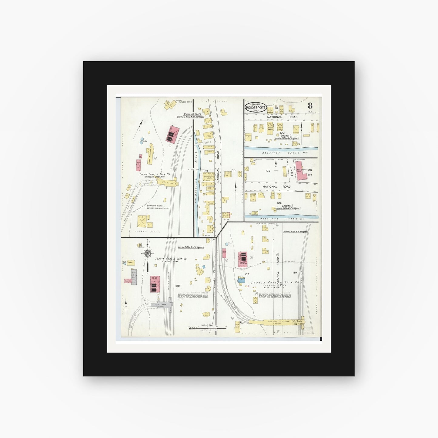 Old map wall art mockup — black gallery frame with white mat — Sanborn Fire Insurance Map from Bridgeport, Belmont County, Ohio (1917), Sheet #0008