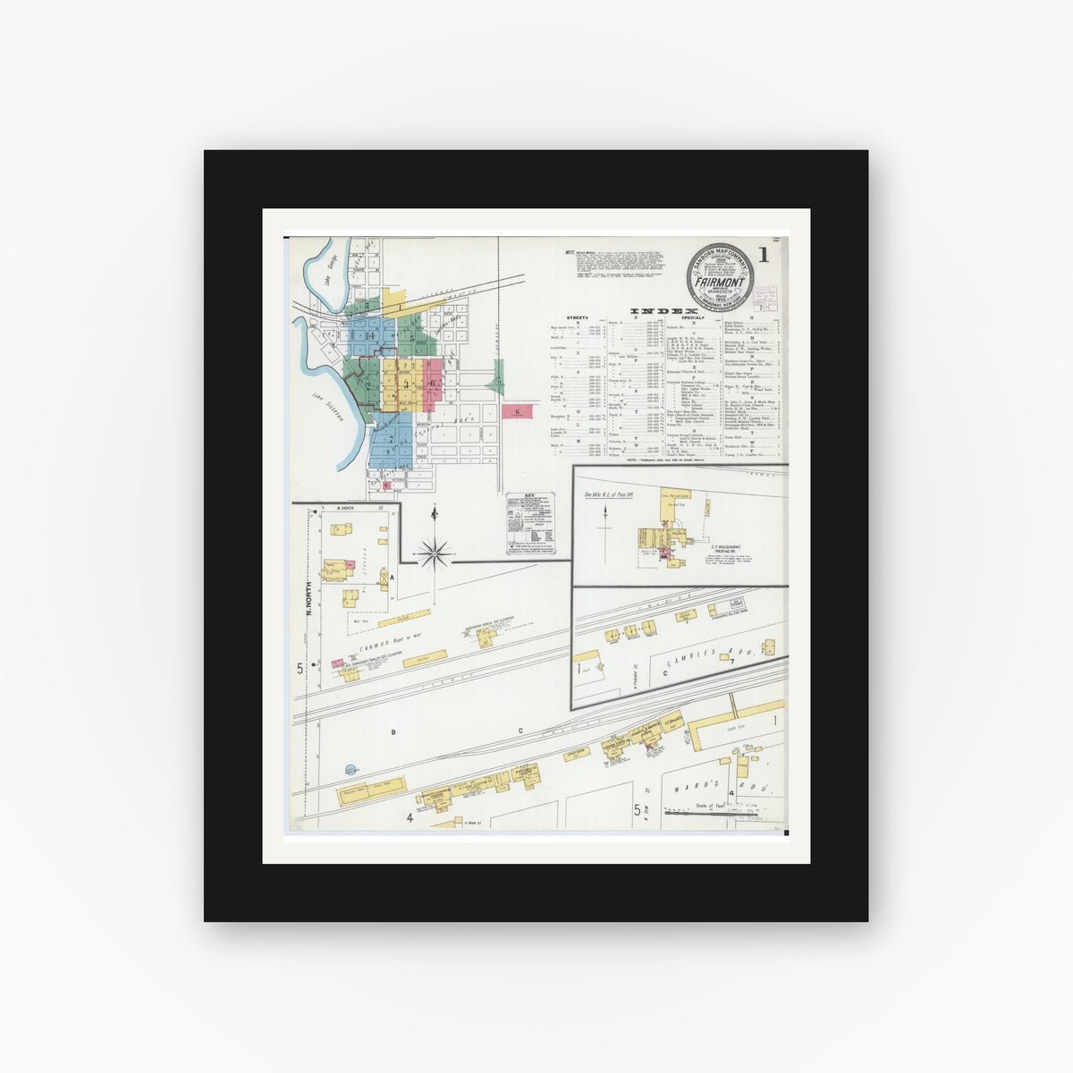 Old map wall art mockup — black gallery frame with white mat — Sanborn Fire Insurance Map from Fairmont, Martin County, Minnesota (1905), Sheet #0001