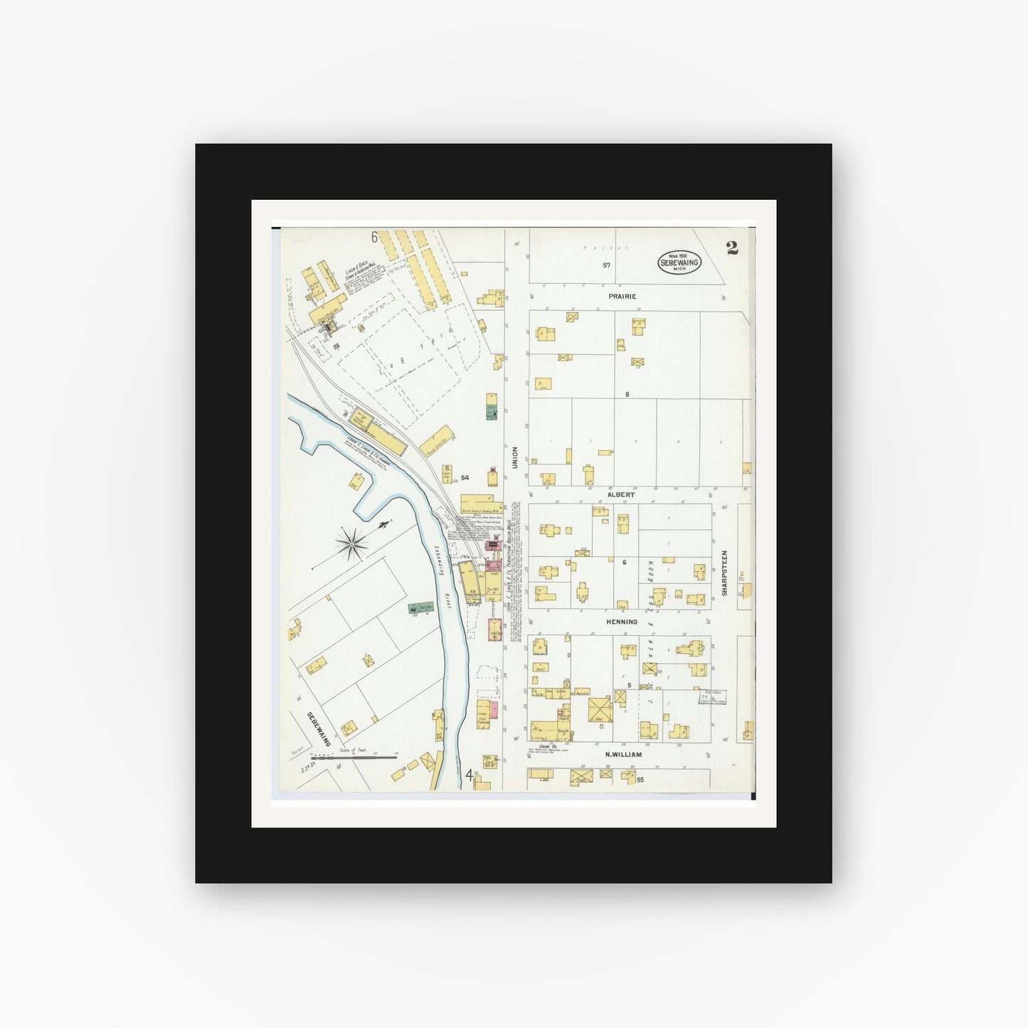 Old map wall art mockup — black gallery frame with white mat — Sanborn Fire Insurance Map from Sebewaing, Huron County, Michigan (1901), Sheet #0002