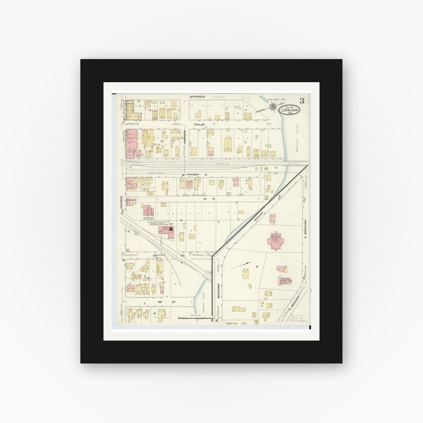 Old map wall art mockup — black gallery frame with white mat — Sanborn Fire Insurance Map from Loveland, Clermont, Hamilton, And Warren County, Ohio (1911), Sheet #0003