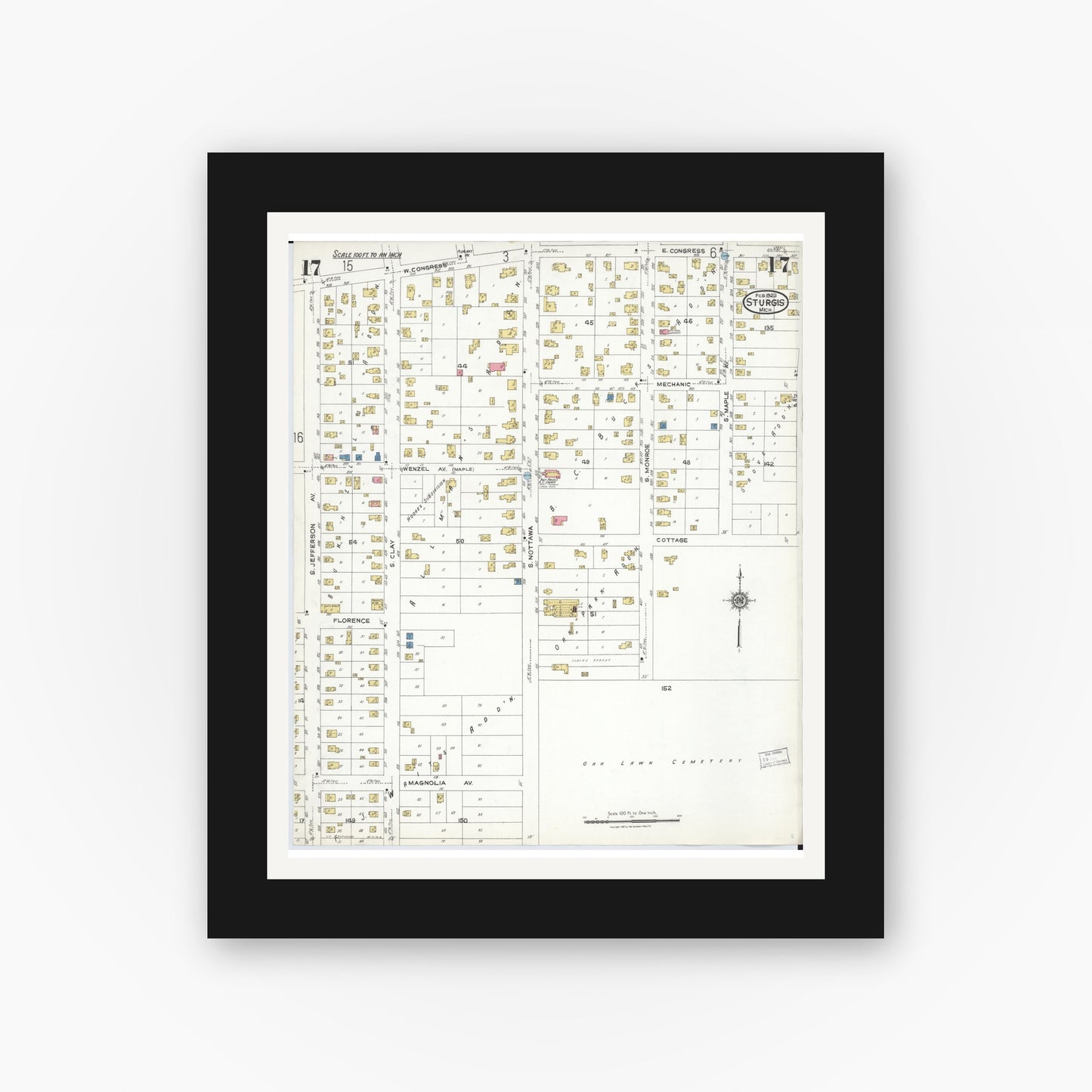 Old map wall art mockup — black gallery frame with white mat — Sanborn Fire Insurance Map from Sturgis, Saint Joseph County, Michigan (1923), Sheet #0017