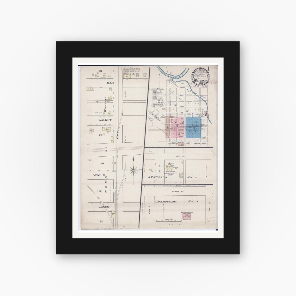 Old map wall art mockup — black gallery frame with white mat — Sanborn Fire Insurance Map from Watseka, Iroquois County, Illinois (1885) - Complete Map Set