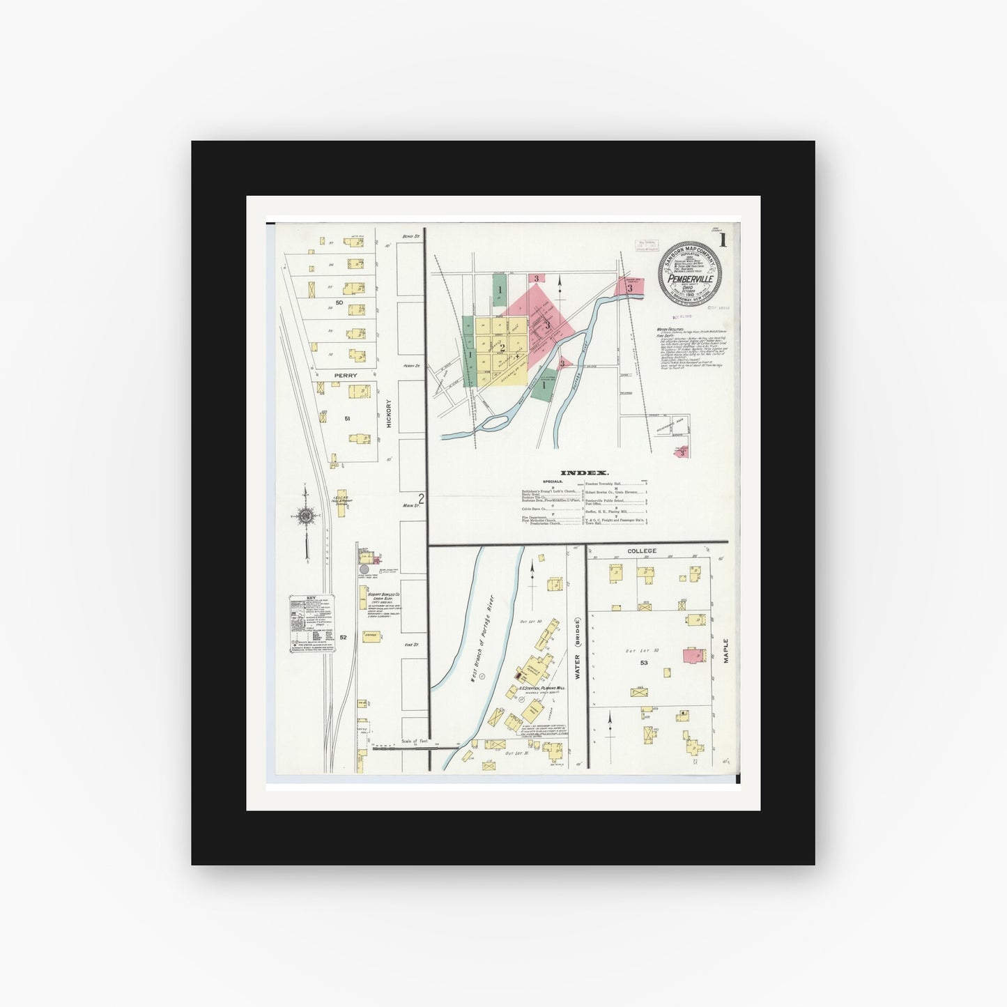 Old map wall art mockup — black gallery frame with white mat — Sanborn Fire Insurance Map from Pemberville, Wood County, Ohio (1910), Sheet #0001