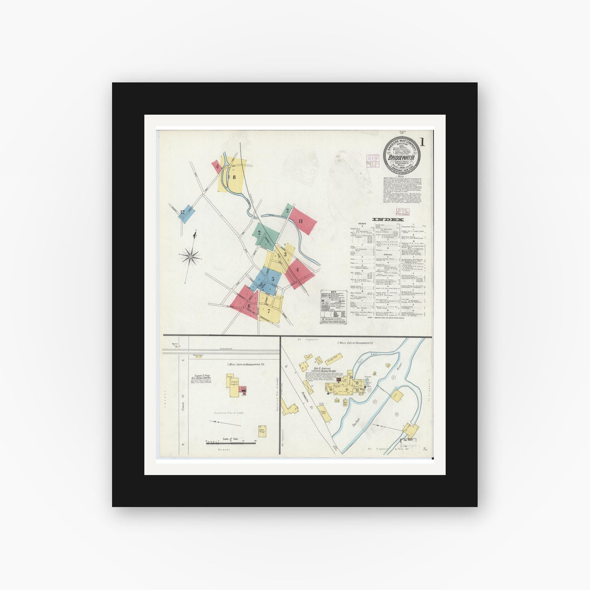 Old map wall art mockup — black gallery frame with white mat — Sanborn Fire Insurance Map from Bridgewater, Plymouth County, Massachusetts (1906), Sheet #0001
