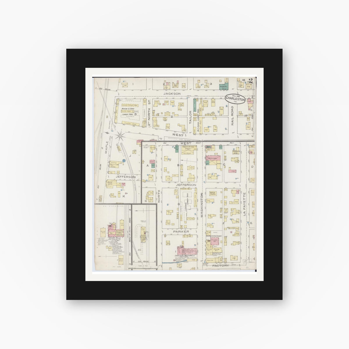 Old map wall art mockup — black gallery frame with white mat — Sanborn Fire Insurance Map from Charleston, Coles County, Illinois (1886), Sheet #0002