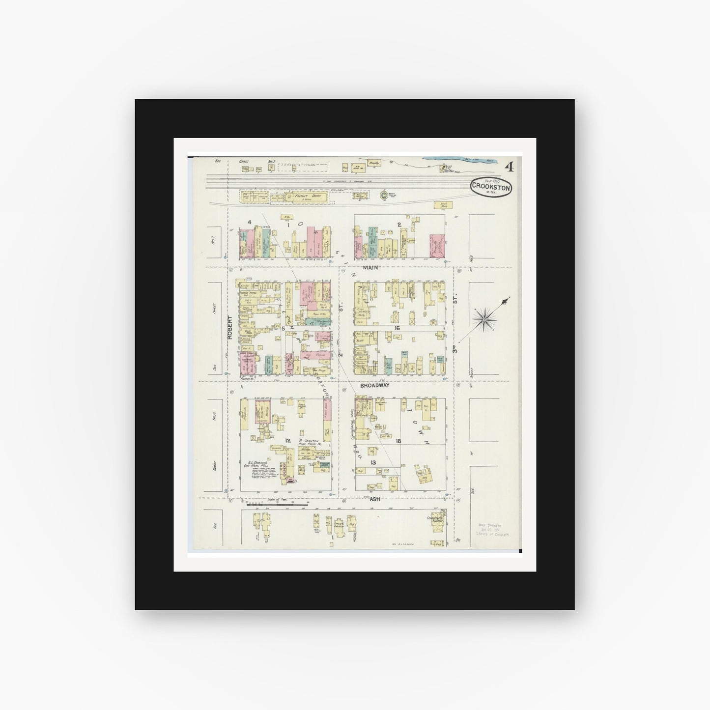 Old map wall art mockup — black gallery frame with white mat — Sanborn Fire Insurance Map from Crookston, Polk County, Minnesota (1890), Sheet #0004