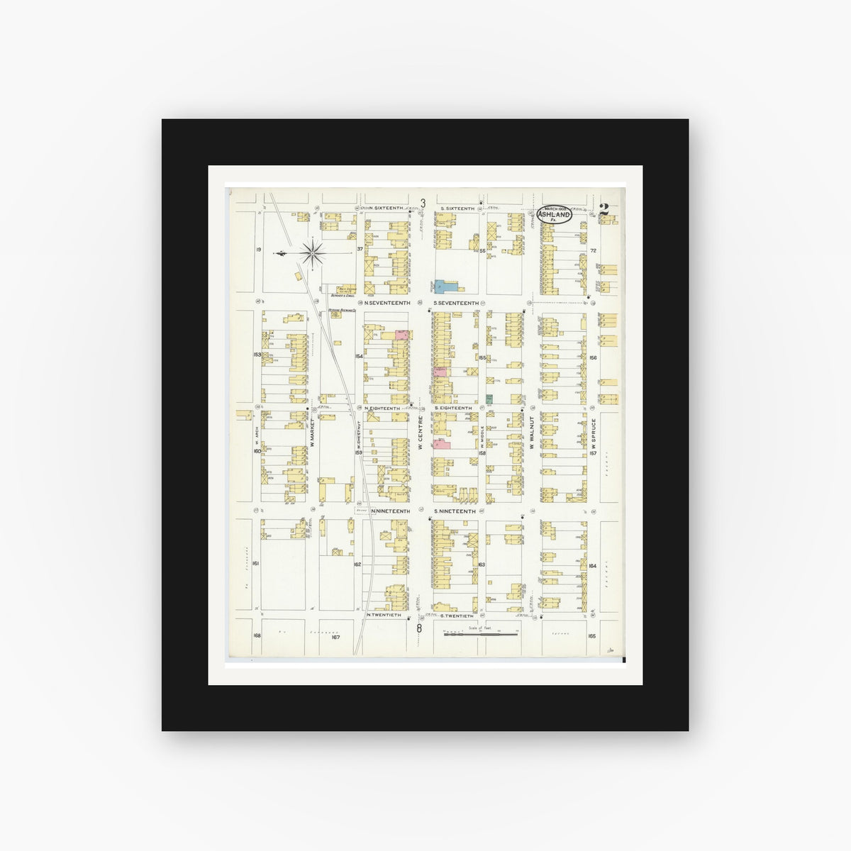 Old map wall art mockup — black gallery frame with white mat — Sanborn Fire Insurance Map from Ashland, Schuylkill County, Pennsylvania (1908), Sheet #0002