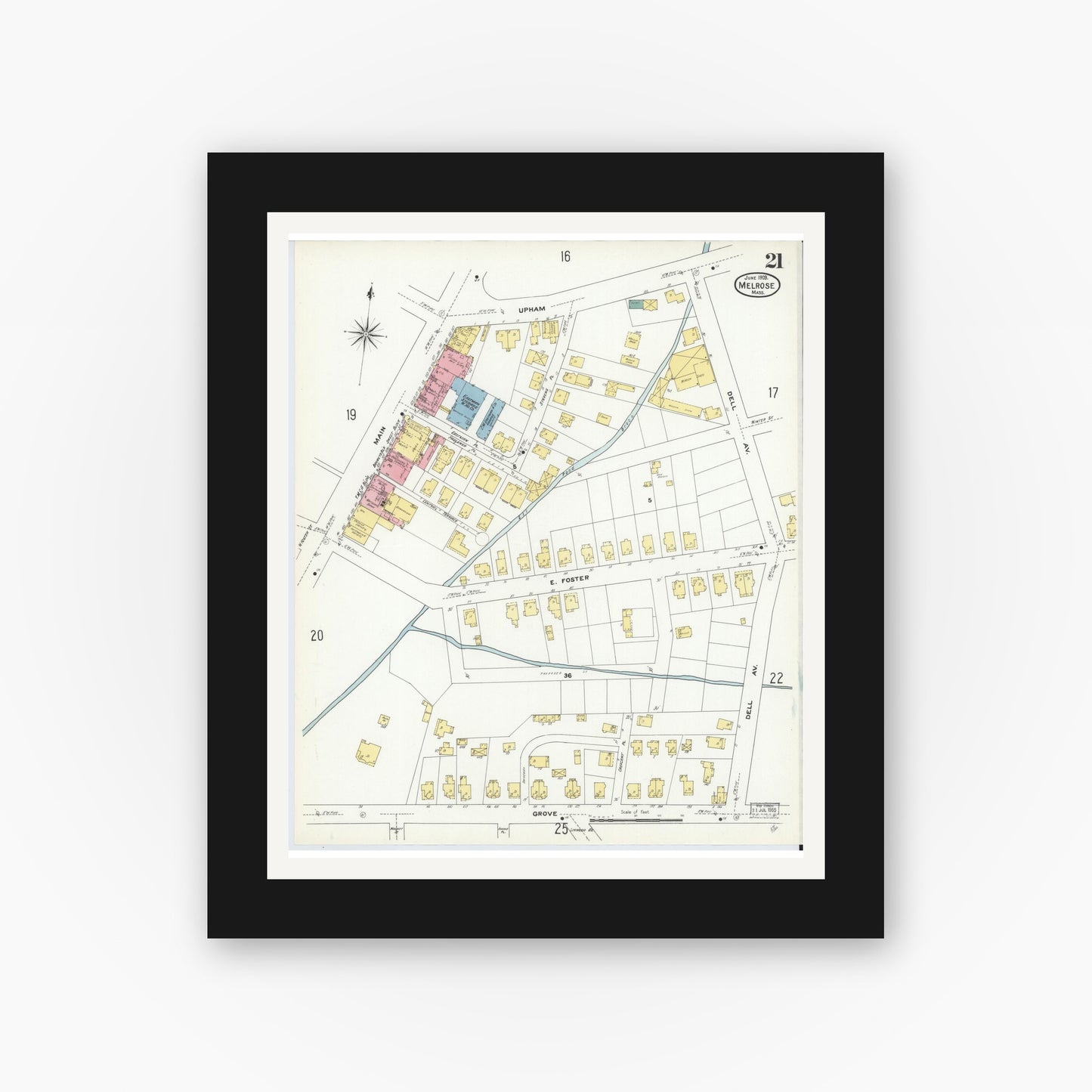 Old map wall art mockup — black gallery frame with white mat — Sanborn Fire Insurance Map from Melrose, Middlesex County, Massachusetts (1909), Sheet #0021