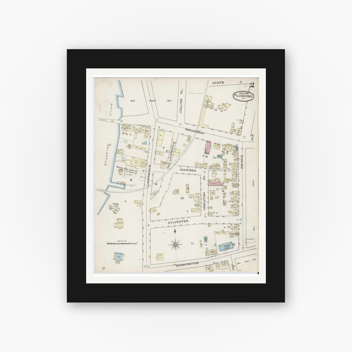 Old map wall art mockup — black gallery frame with white mat — Sanborn Fire Insurance Map from Flushing, Queens County, New York (1886), Sheet #0002