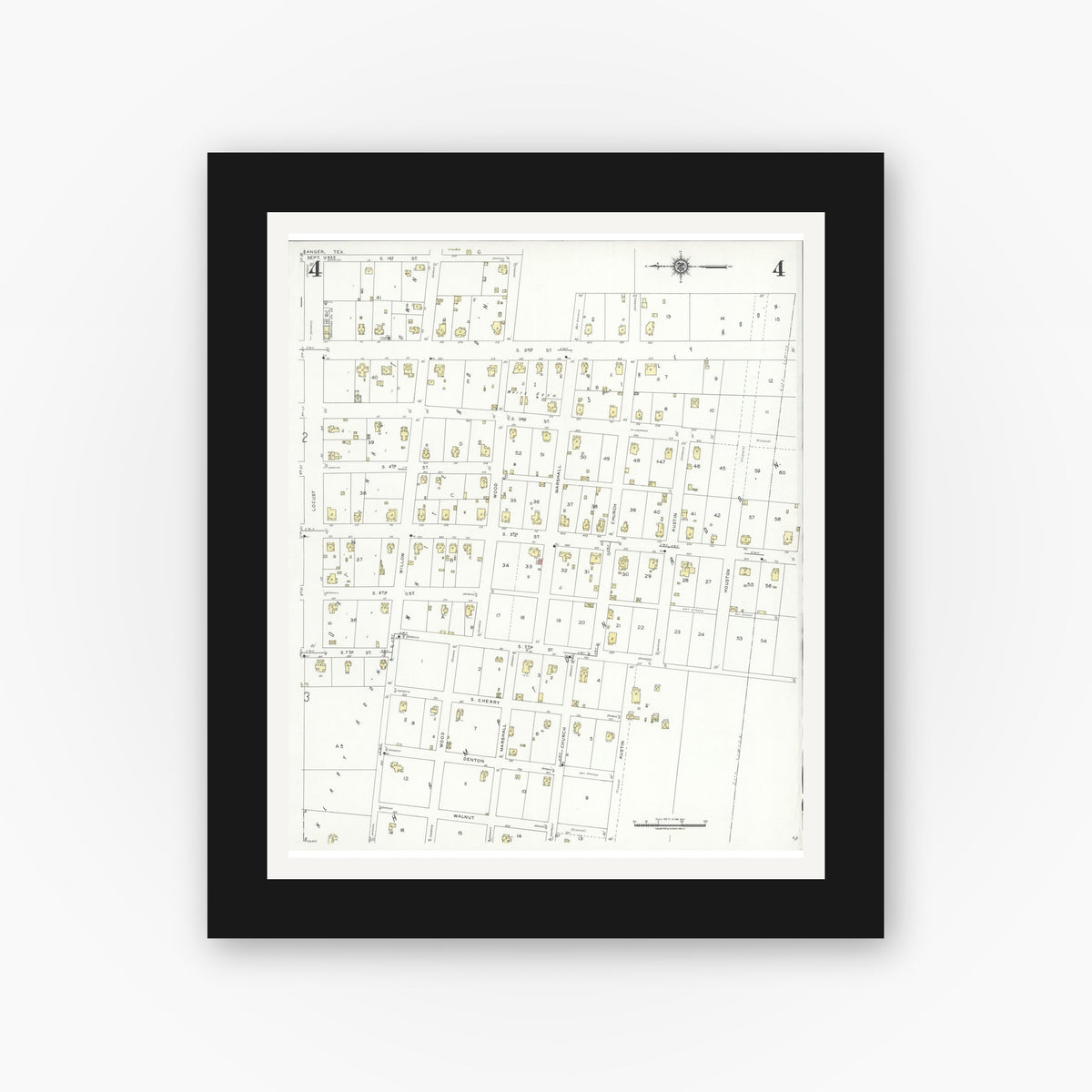 Old map wall art mockup — black gallery frame with white mat — Sanborn Fire Insurance Map from Sanger, Denton County, Texas (1935), Sheet #0004