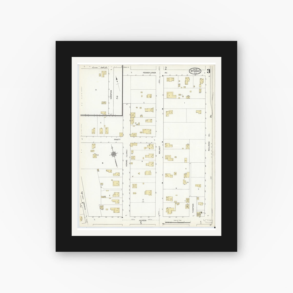 Old map wall art mockup — black gallery frame with white mat — Sanborn Fire Insurance Map from Starke, Bradford County, Florida (1912), Sheet #0003