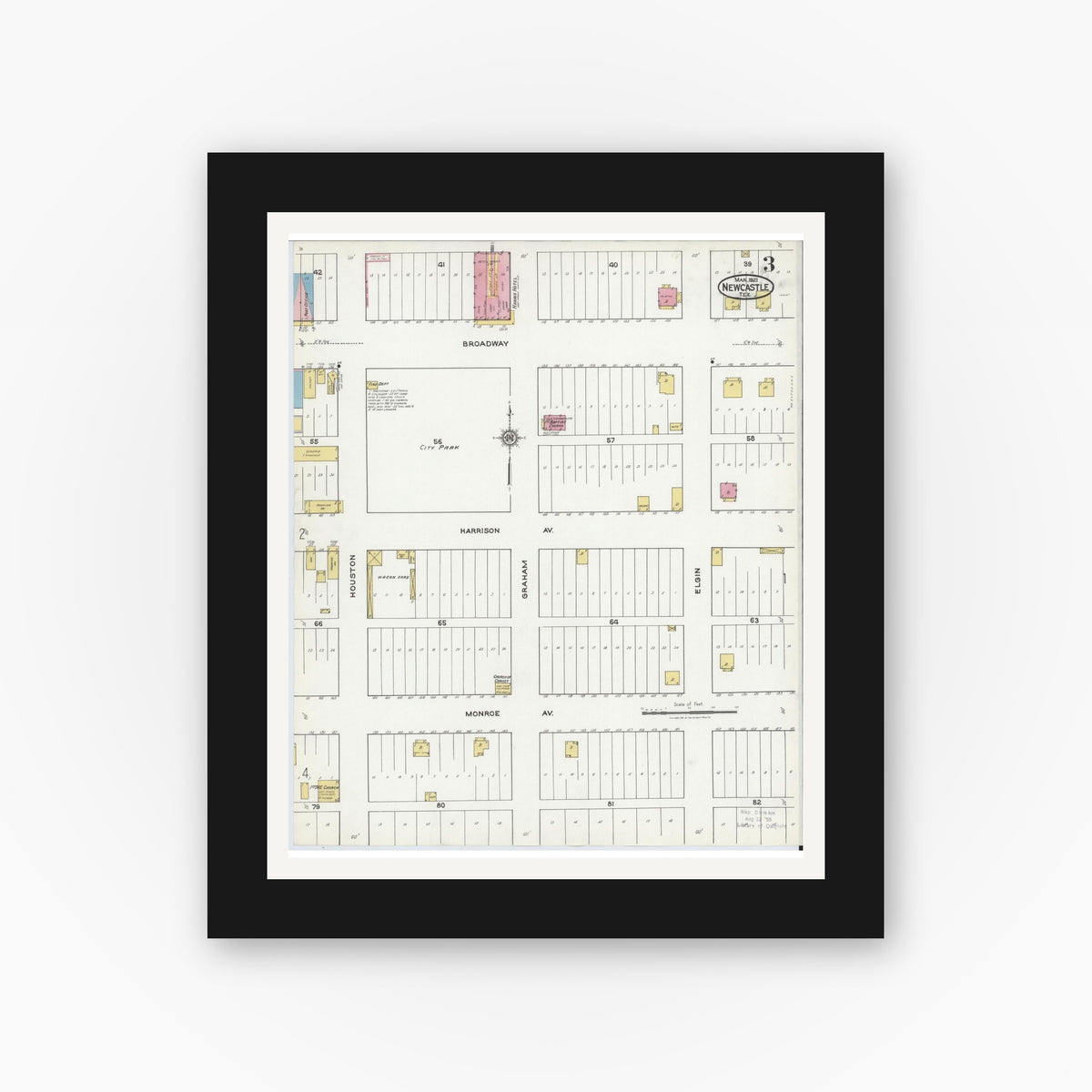 Old map wall art mockup — black gallery frame with white mat — Sanborn Fire Insurance Map from Newcastle, Young County, Texas (1921), Sheet #0003