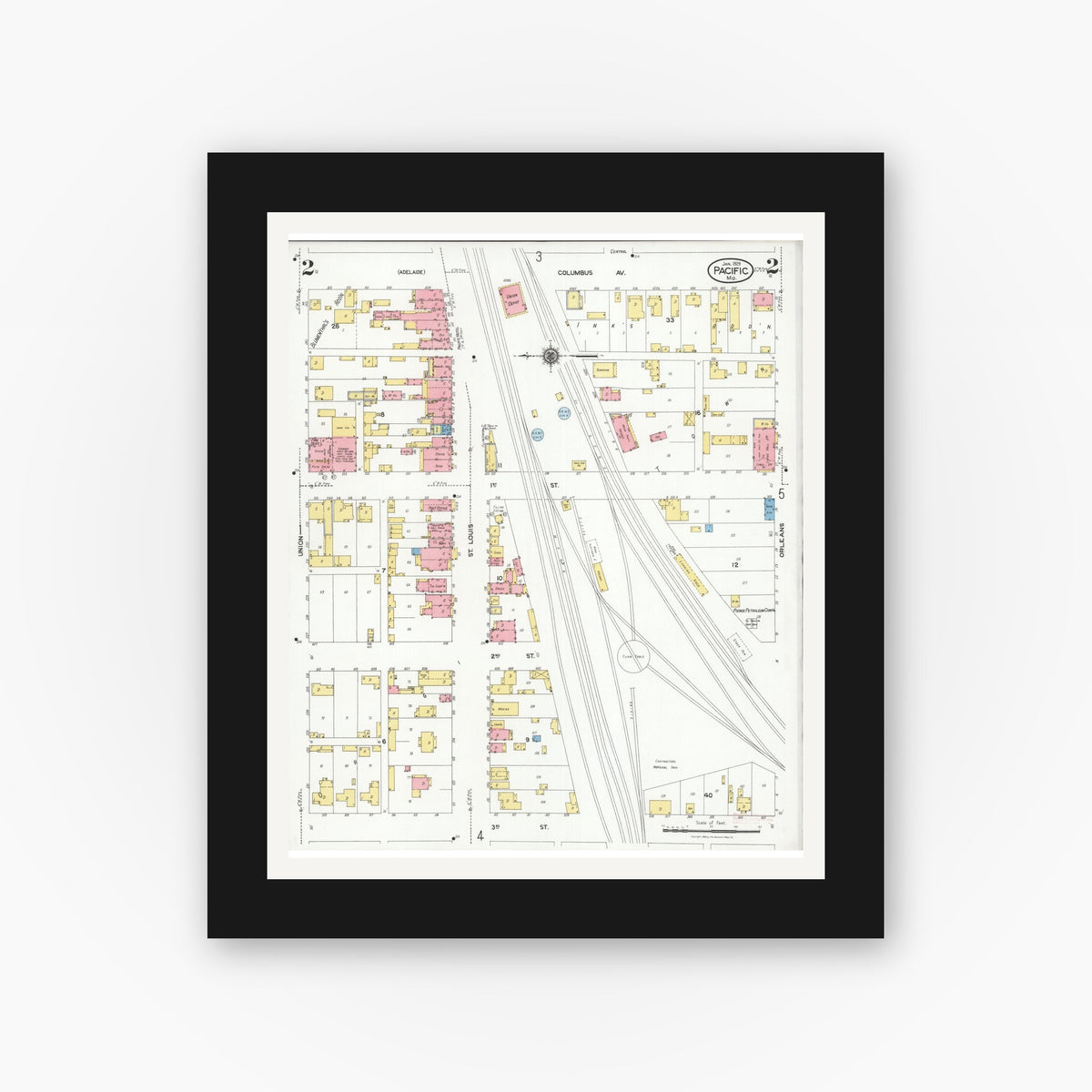 Old map wall art mockup — black gallery frame with white mat — Sanborn Fire Insurance Map from Pacific, Franklin County, Missouri (1929), Sheet #0002