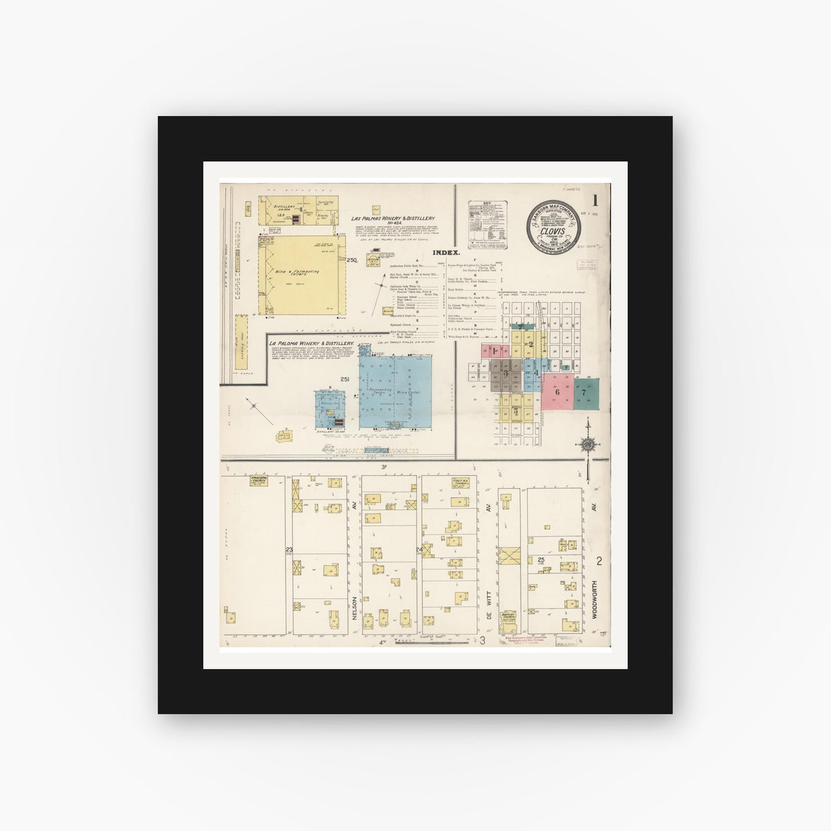 Old map wall art mockup — black gallery frame with white mat — Sanborn Fire Insurance Map from Clovis, Fresno County, California (1912) - Complete Map Set