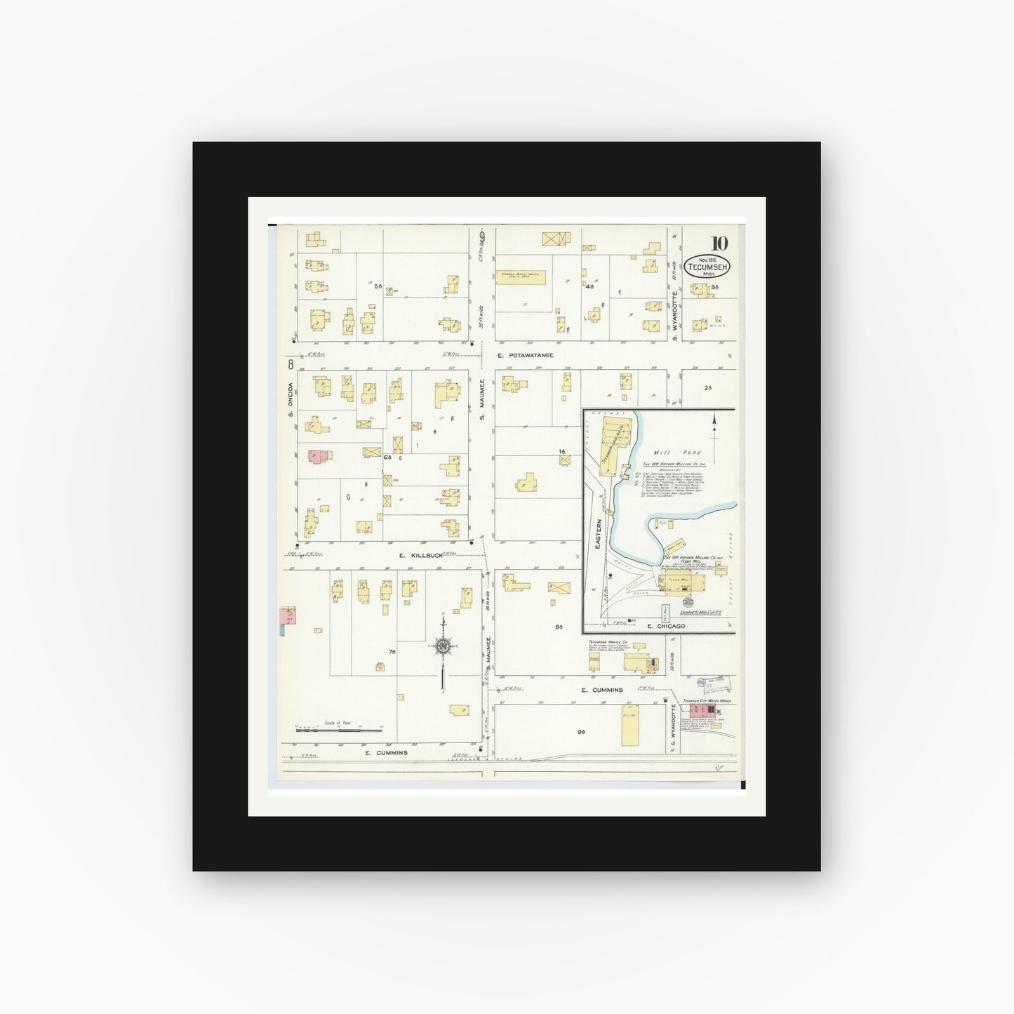 Old map wall art mockup — black gallery frame with white mat — Sanborn Fire Insurance Map from Tecumseh, Lenawee County, Michigan (1912), Sheet #0010