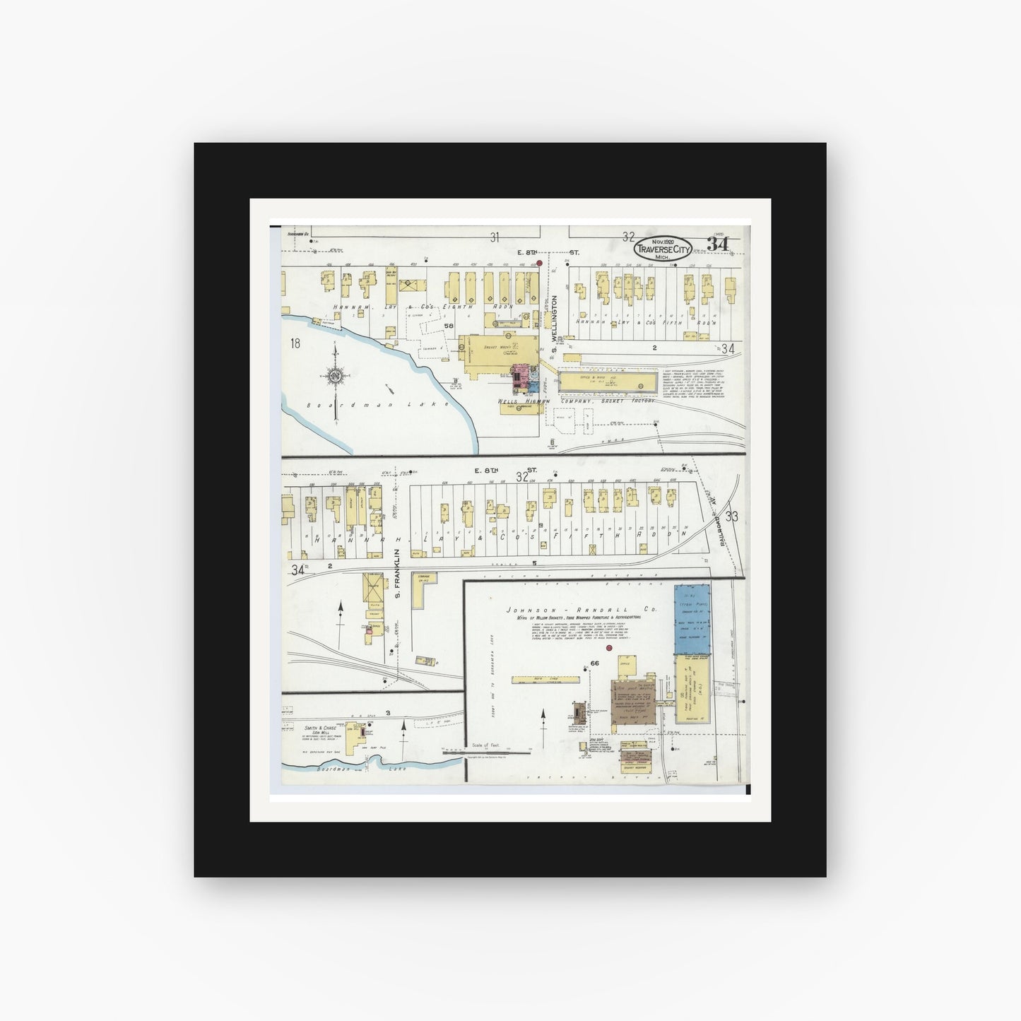 Old map wall art mockup — black gallery frame with white mat — Sanborn Fire Insurance Map from Traverse City, Grand Traverse County, Michigan (1920), Sheet #0034