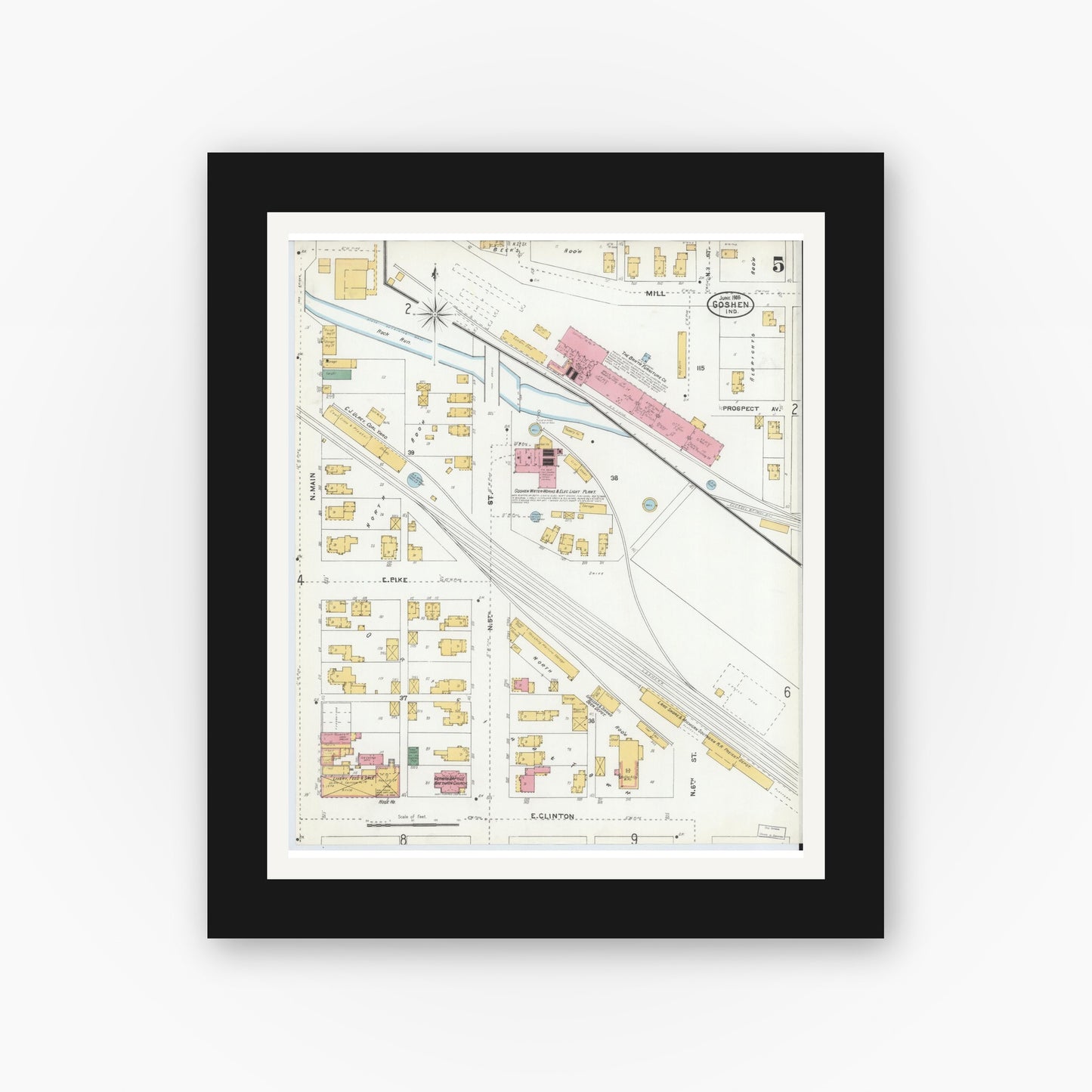 Old map wall art mockup — black gallery frame with white mat — Sanborn Fire Insurance Map from Goshen, Elkhart County, Indiana (1905), Sheet #0005