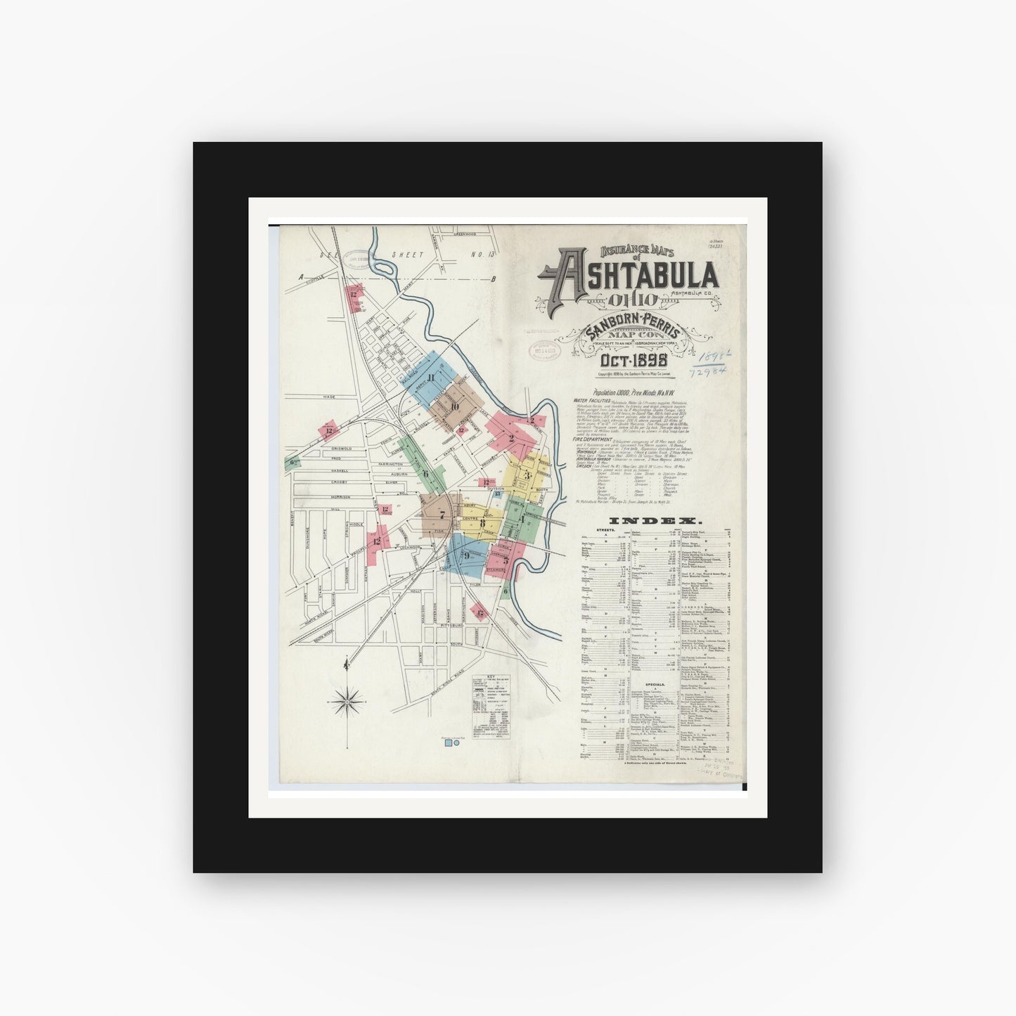 Old map wall art mockup — black gallery frame with white mat — Sanborn Fire Insurance Map from Ashtabula, Ashtabula County, Ohio (1898), Sheet #0001