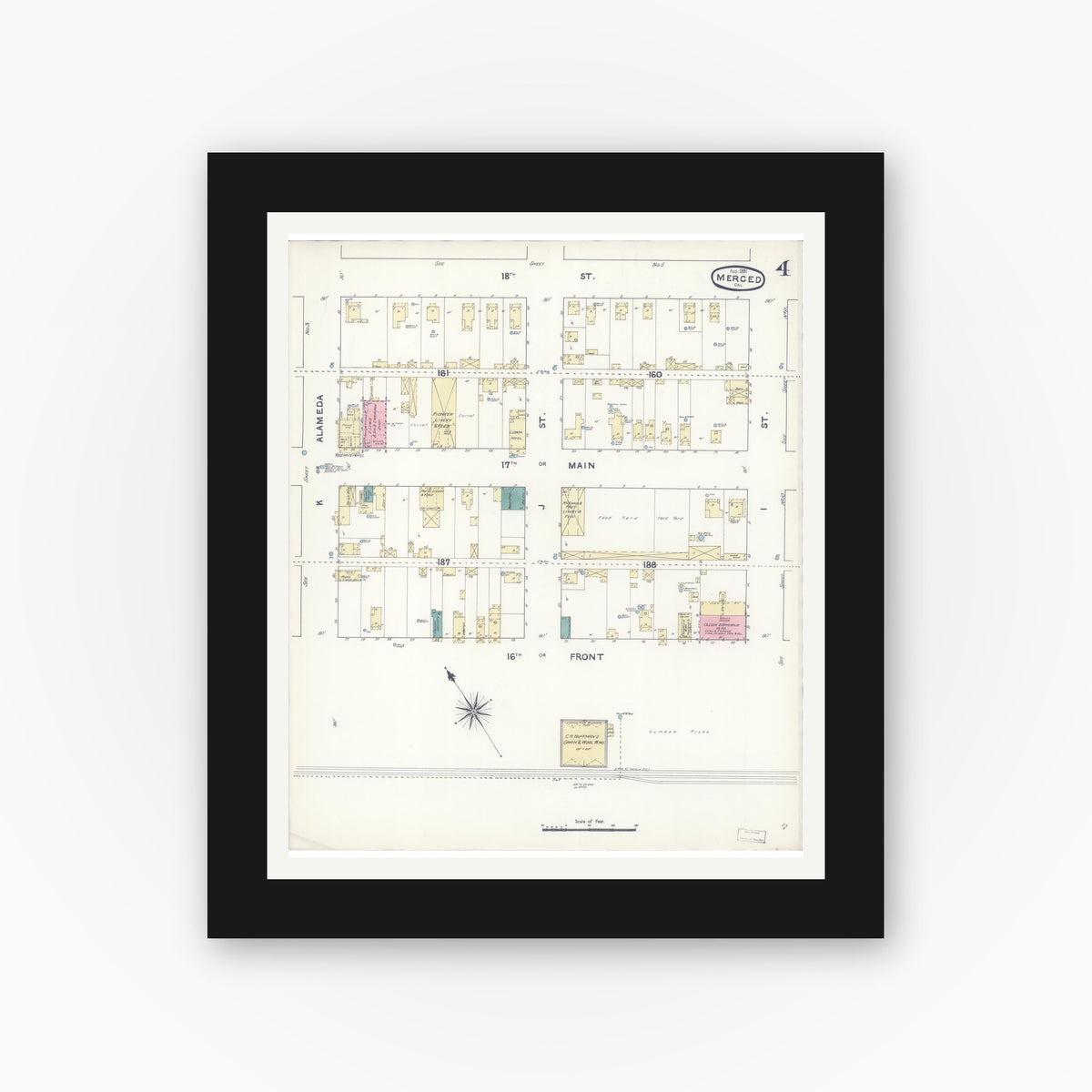 Old map wall art mockup — black gallery frame with white mat — Sanborn Fire Insurance Map from Merced, Merced County, California (1891), Sheet #0004