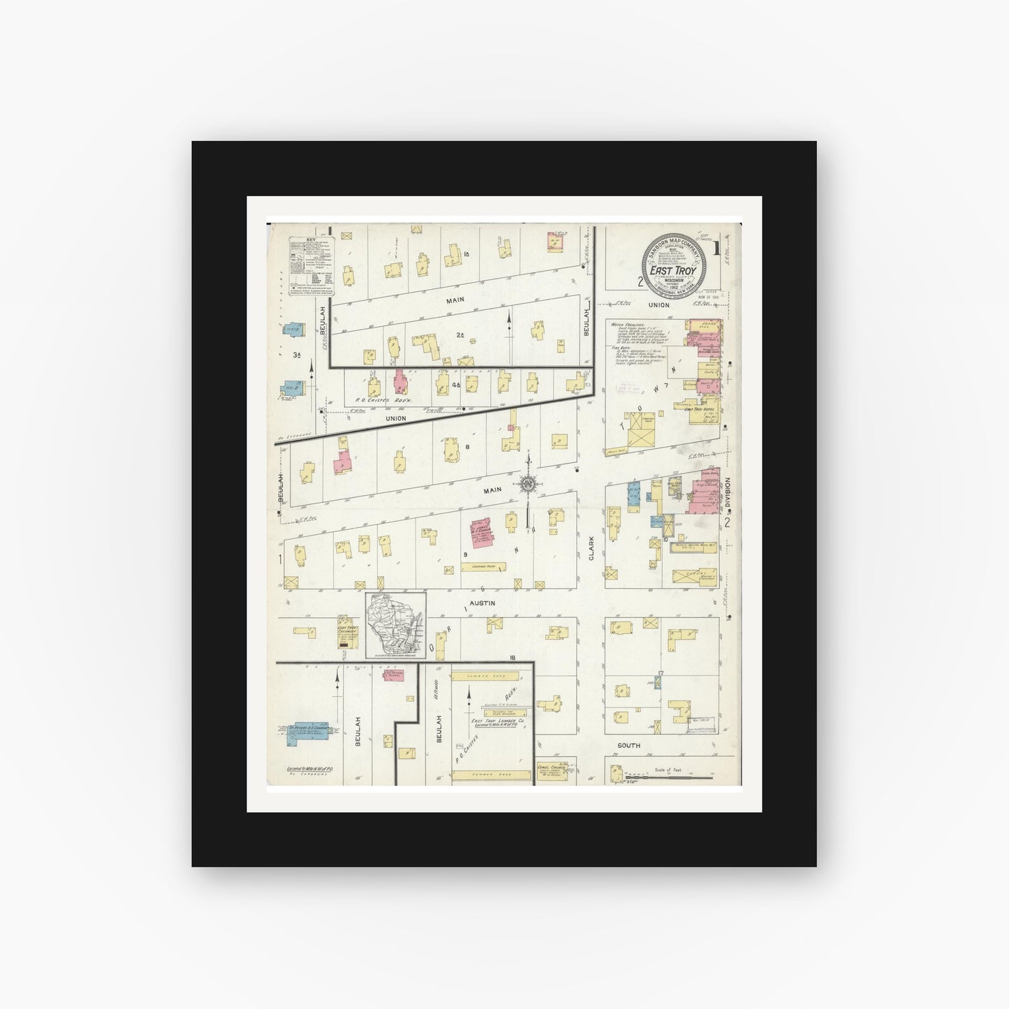 Old map wall art mockup — black gallery frame with white mat — Sanborn Fire Insurance Map from East Troy, Walworth County, Wisconsin (1912) - Complete Map Set