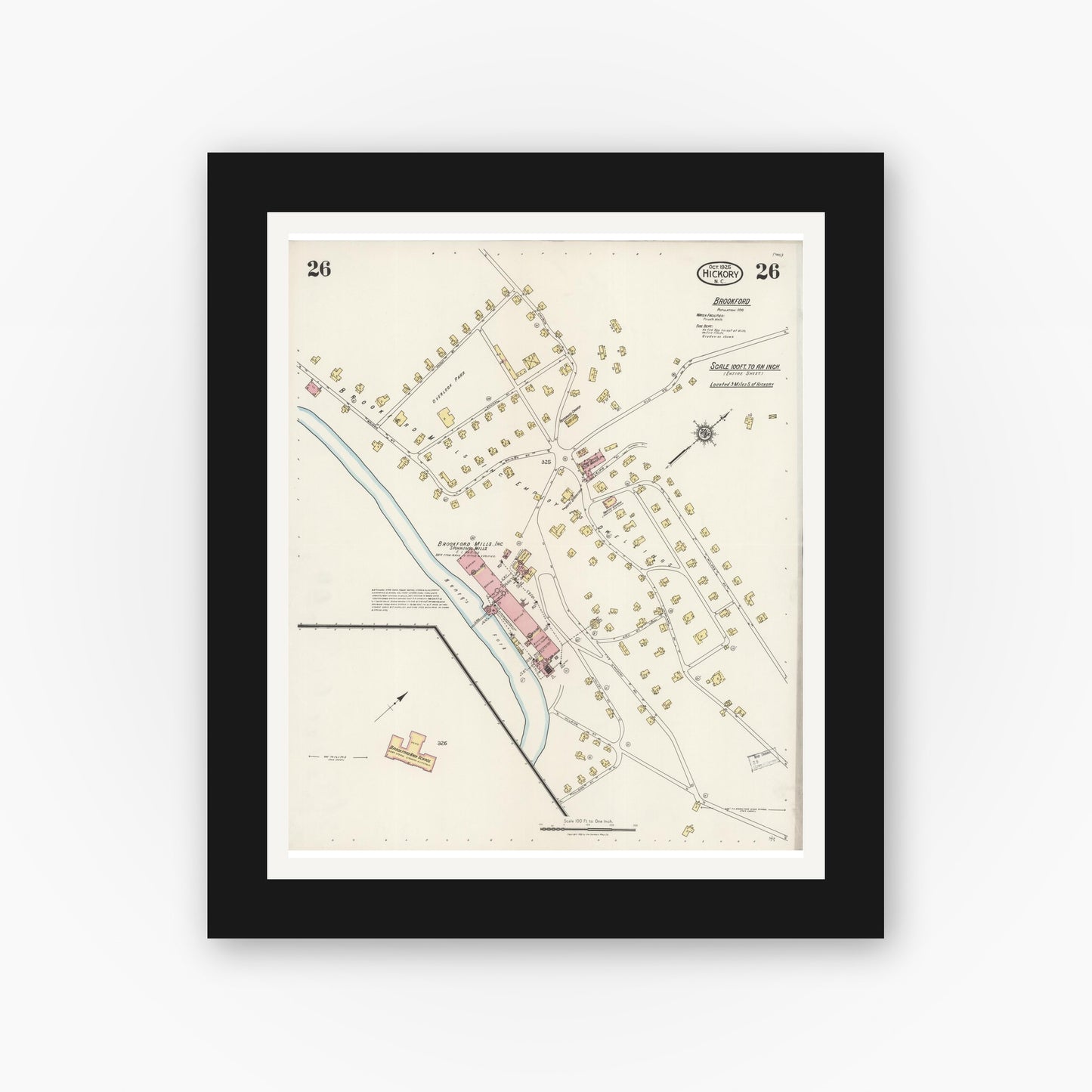 Old map wall art mockup — black gallery frame with white mat — Sanborn Fire Insurance Map from Hickory, Catawba County, North Carolina (1925), Sheet #0026