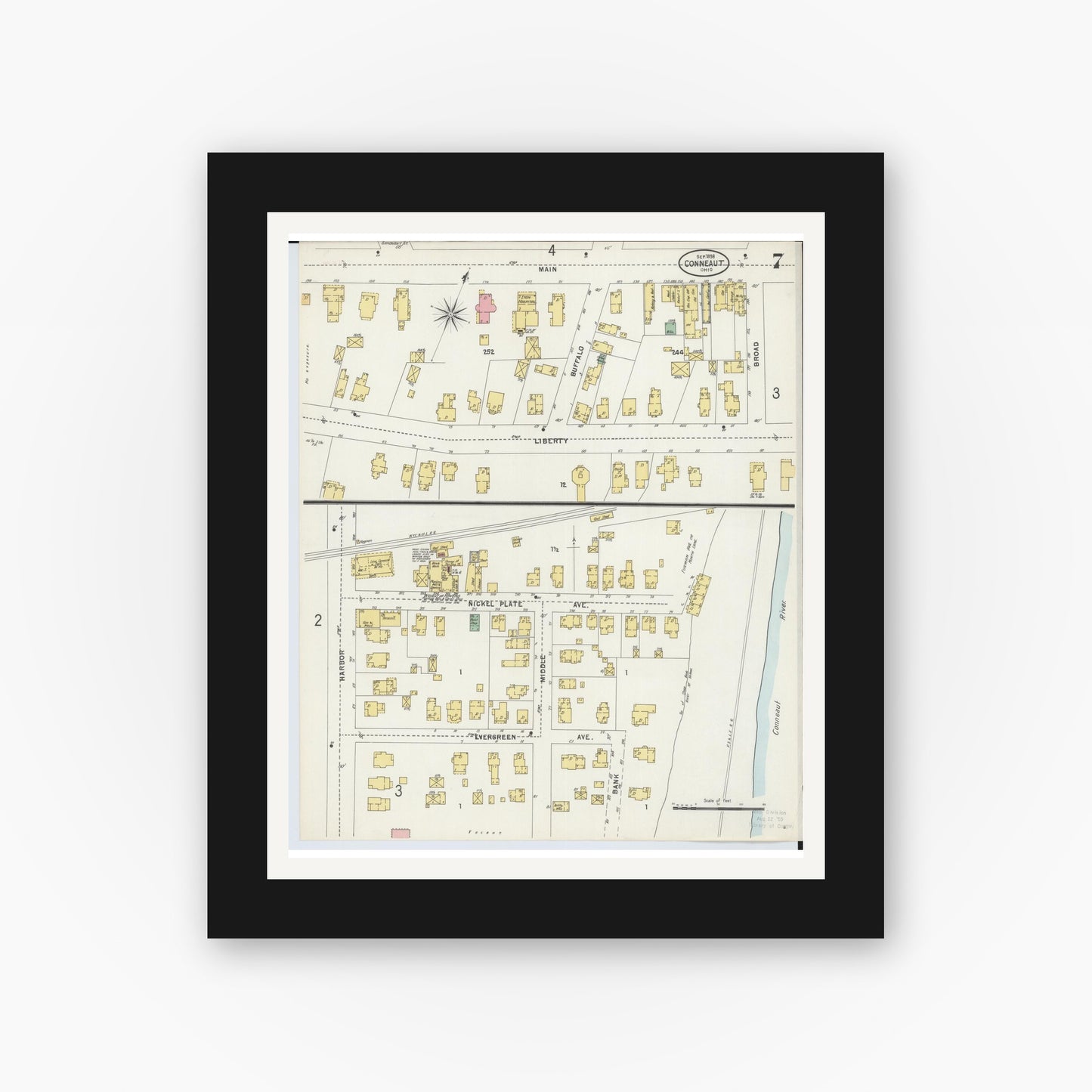 Old map wall art mockup — black gallery frame with white mat — Sanborn Fire Insurance Map from Conneaut, Ashtabula County, Ohio (1898), Sheet #0007