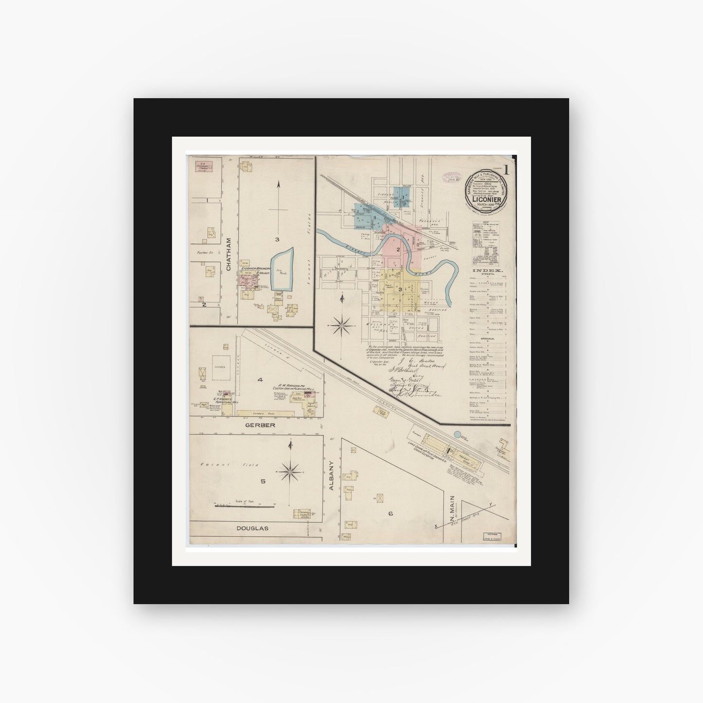 Old map wall art mockup — black gallery frame with white mat — Sanborn Fire Insurance Map from Ligonier, Noble County, Indiana (1886) - Complete Map Set