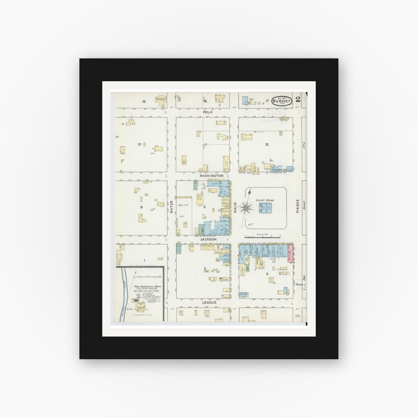 Old map wall art mockup — black gallery frame with white mat — Sanborn Fire Insurance Map from Burnet, Burnet County, Texas (1891), Sheet #0002