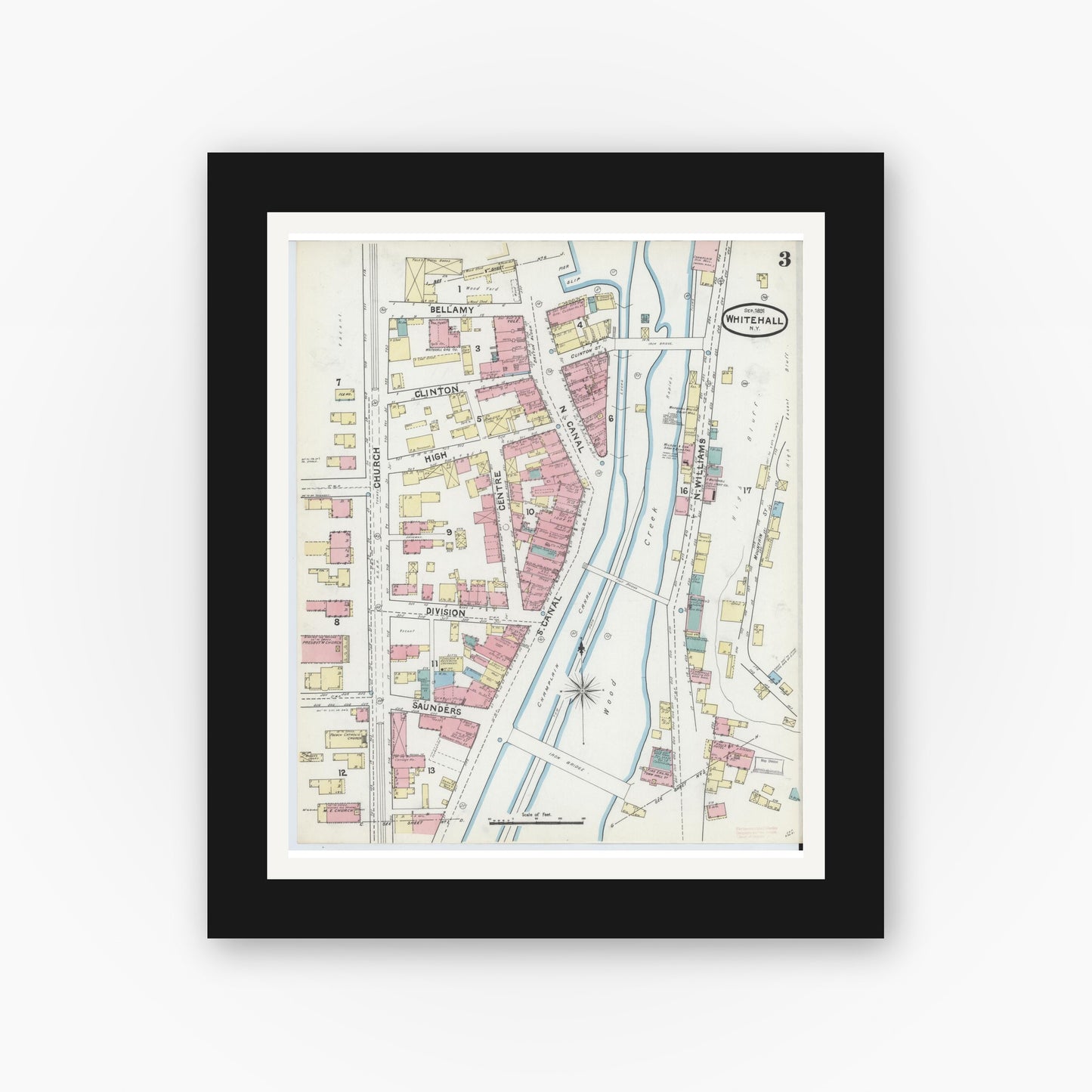 Old map wall art mockup — black gallery frame with white mat — Sanborn Fire Insurance Map from Whitehall, Washington County, New York (1891), Sheet #0003