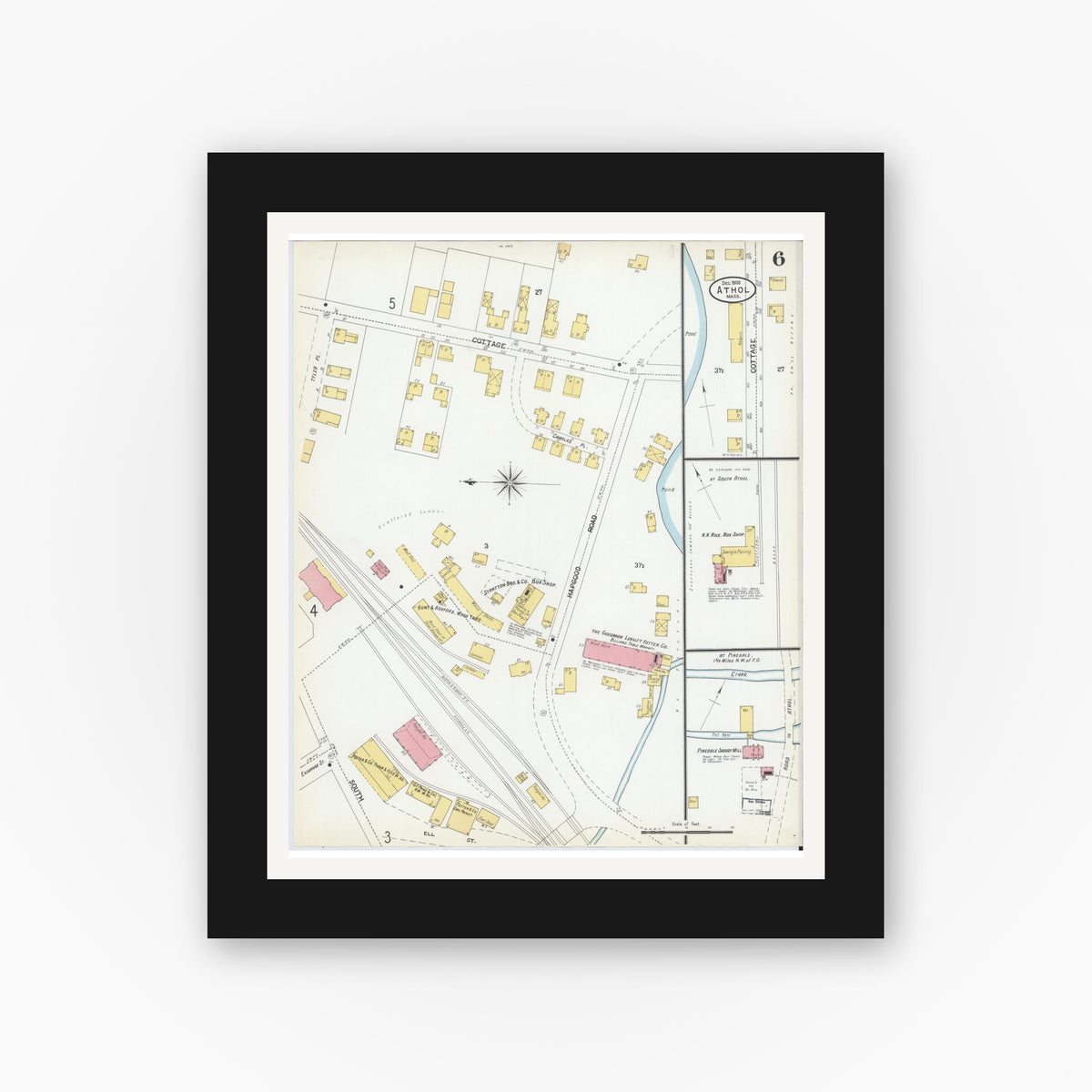 Old map wall art mockup — black gallery frame with white mat — Sanborn Fire Insurance Map from Athol, Worcester County, Massachusetts (1900), Sheet #0006