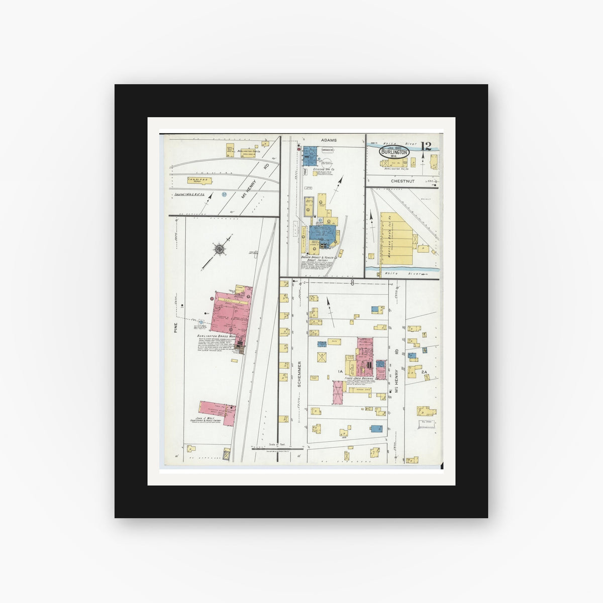Old map wall art mockup — black gallery frame with white mat — Sanborn Fire Insurance Map from Burlington, Racine County, Wisconsin (1920), Sheet #0012