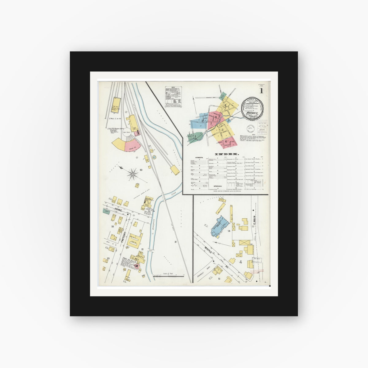 Old map wall art mockup — black gallery frame with white mat — Sanborn Fire Insurance Map from Warwick, Orange County, New York (1900), Sheet #0001