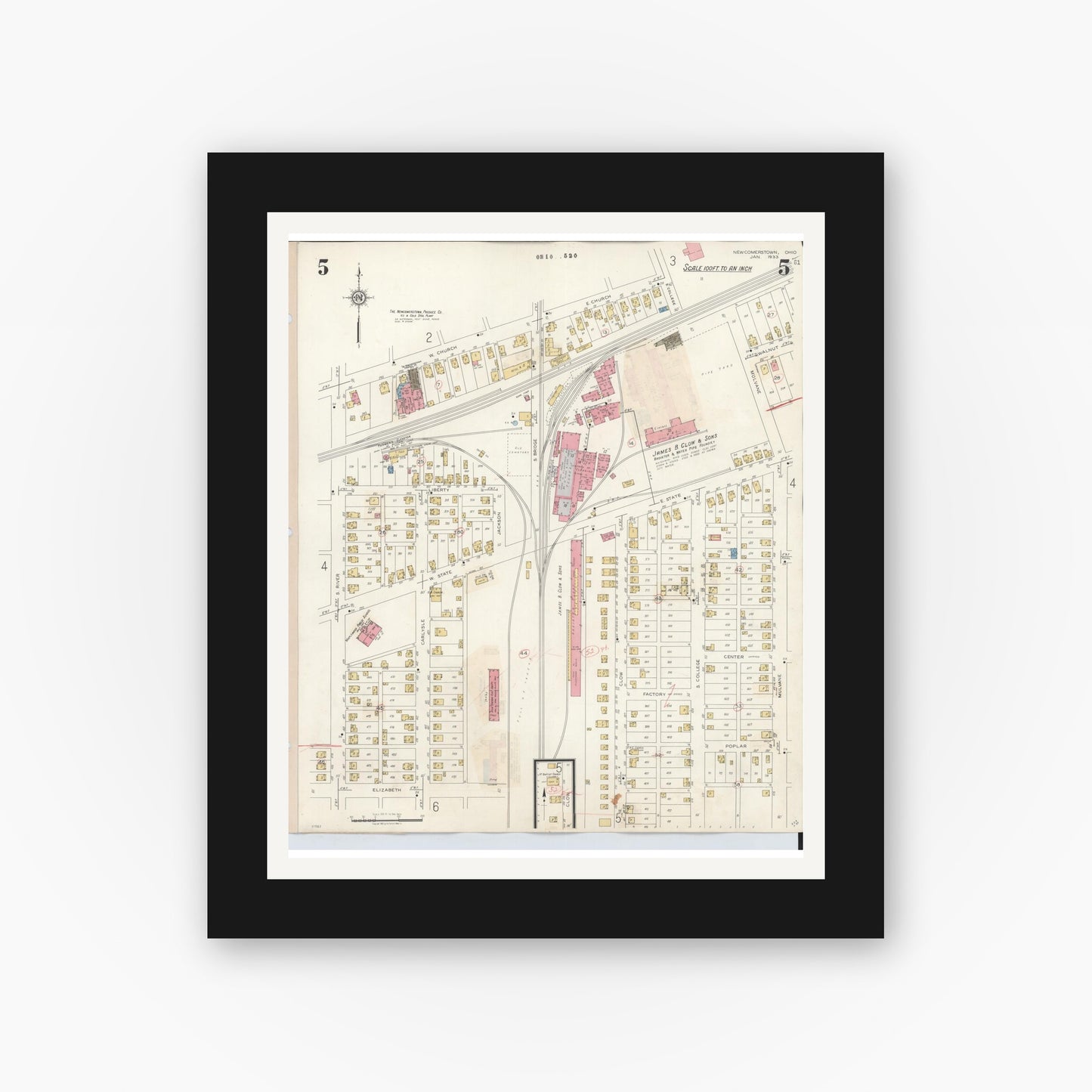 Old map wall art mockup — black gallery frame with white mat — Sanborn Fire Insurance Map from Newcomerstown, Tuscarawas County, Ohio (1933), Sheet #0005