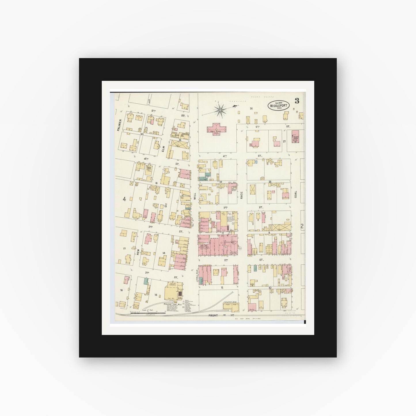Old map wall art mockup — black gallery frame with white mat — Sanborn Fire Insurance Map from Middleport, Meigs County, Ohio (1899), Sheet #0003