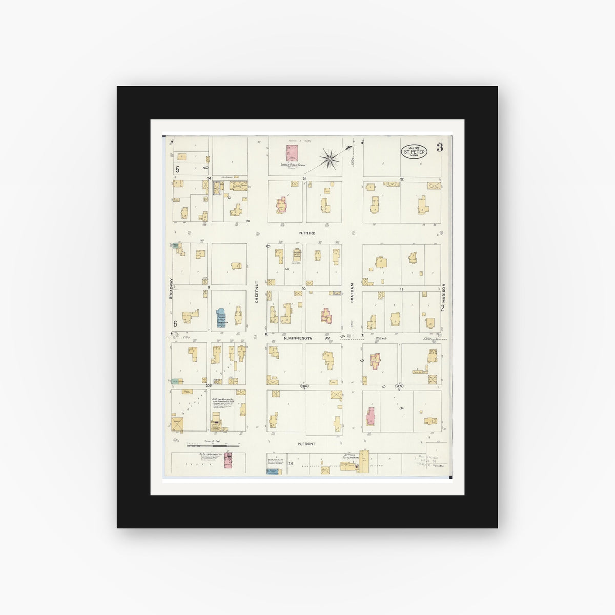 Old map wall art mockup — black gallery frame with white mat — Sanborn Fire Insurance Map from Saint Peter, Nicollet County, Minnesota (1908), Sheet #0003