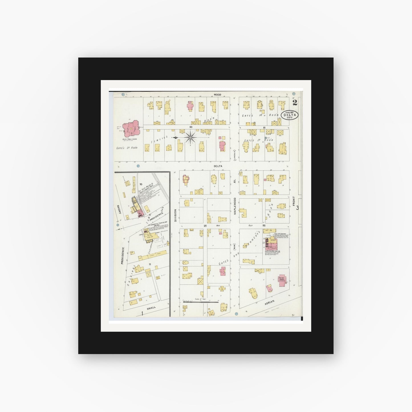 Old map wall art mockup — black gallery frame with white mat — Sanborn Fire Insurance Map from Delta, Fulton County, Ohio (1905), Sheet #0002