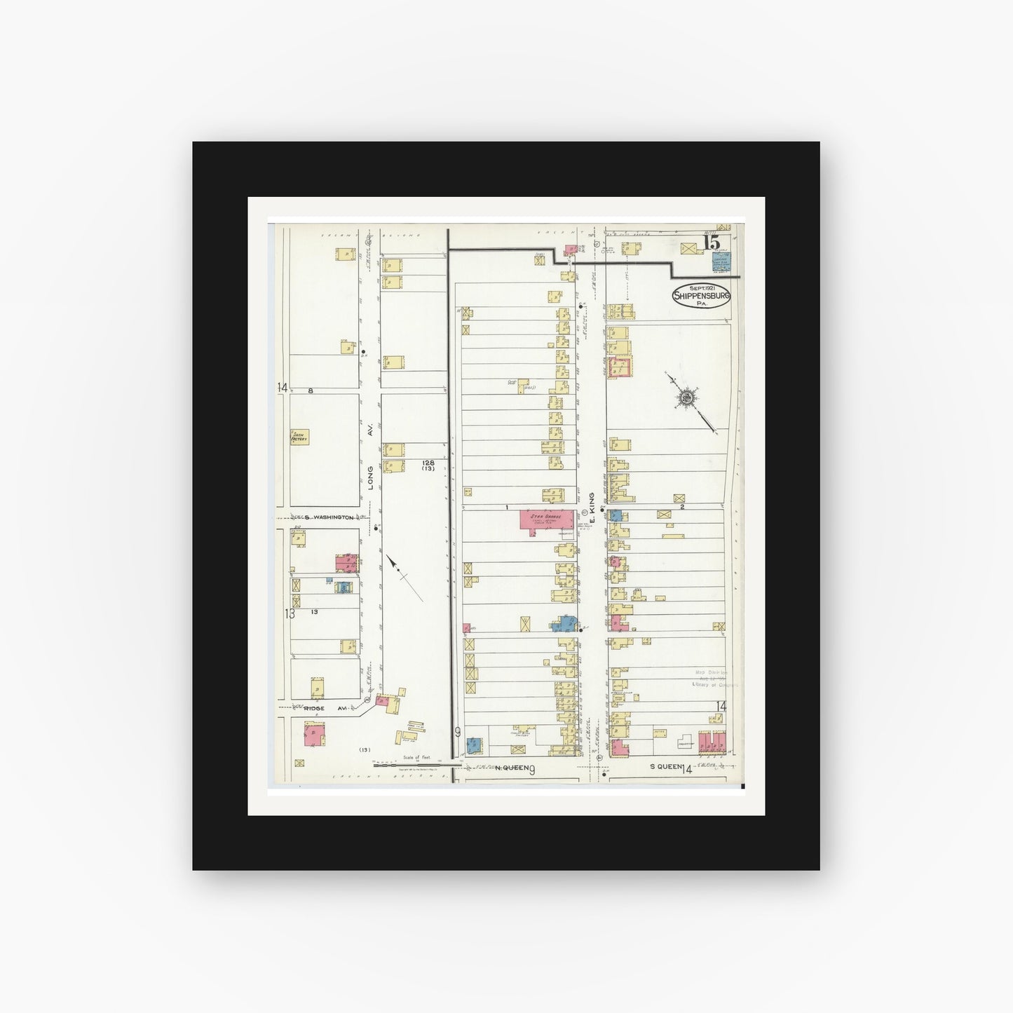 Old map wall art mockup — black gallery frame with white mat — Sanborn Fire Insurance Map from Shippensburg, Cumberland And Franklin Counties, Pennsylvania (1921), Sheet #0015