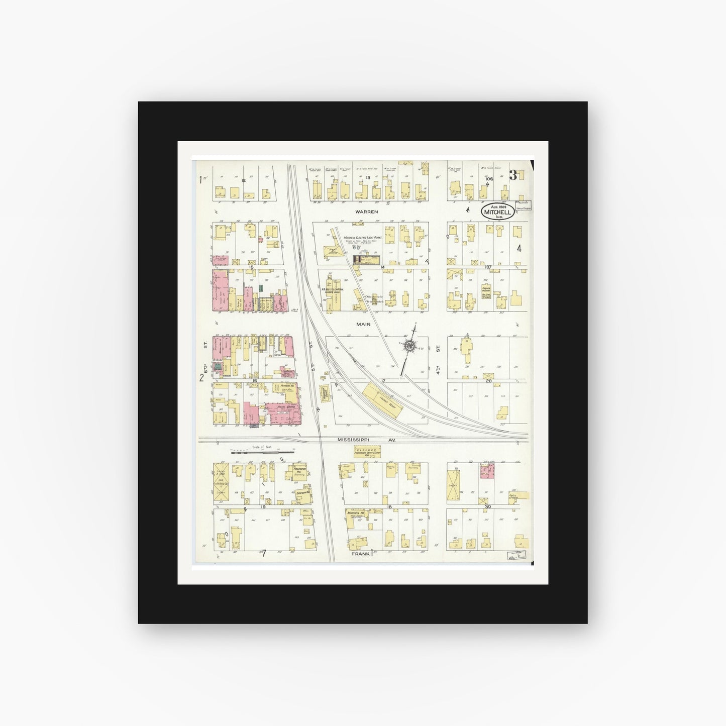 Old map wall art mockup — black gallery frame with white mat — Sanborn Fire Insurance Map from Mitchell, Lawrence County, Indiana (1909), Sheet #0003