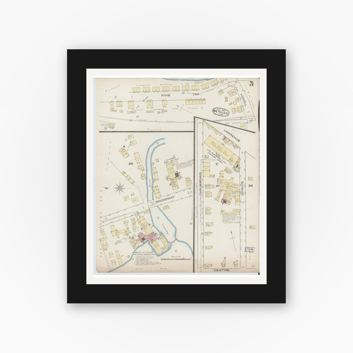 Old map wall art mockup — black gallery frame with white mat — Sanborn Fire Insurance Map from Methuen, Essex County, Massachusetts (1885), Sheet #0005