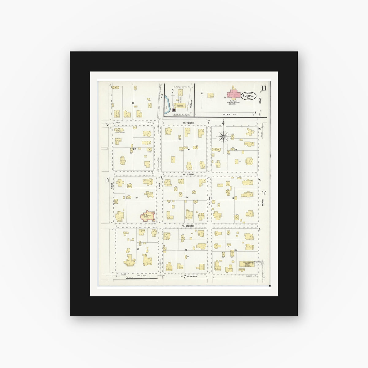 Old map wall art mockup — black gallery frame with white mat — Sanborn Fire Insurance Map from Bonham, Fannin County, Texas (1909), Sheet #0011