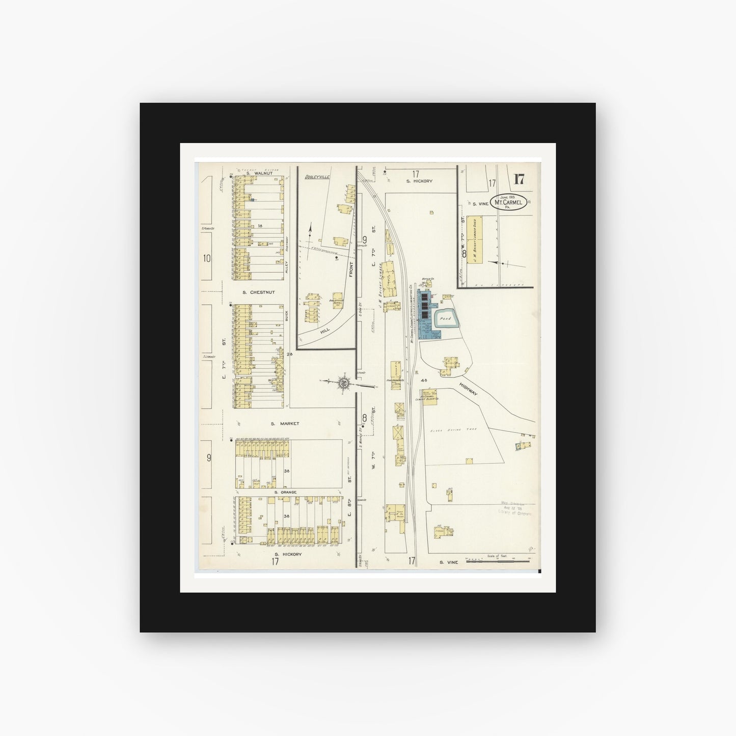 Old map wall art mockup — black gallery frame with white mat — Sanborn Fire Insurance Map from Mount Carmel, Northumberland County, Pennsylvania (1913), Sheet #0017